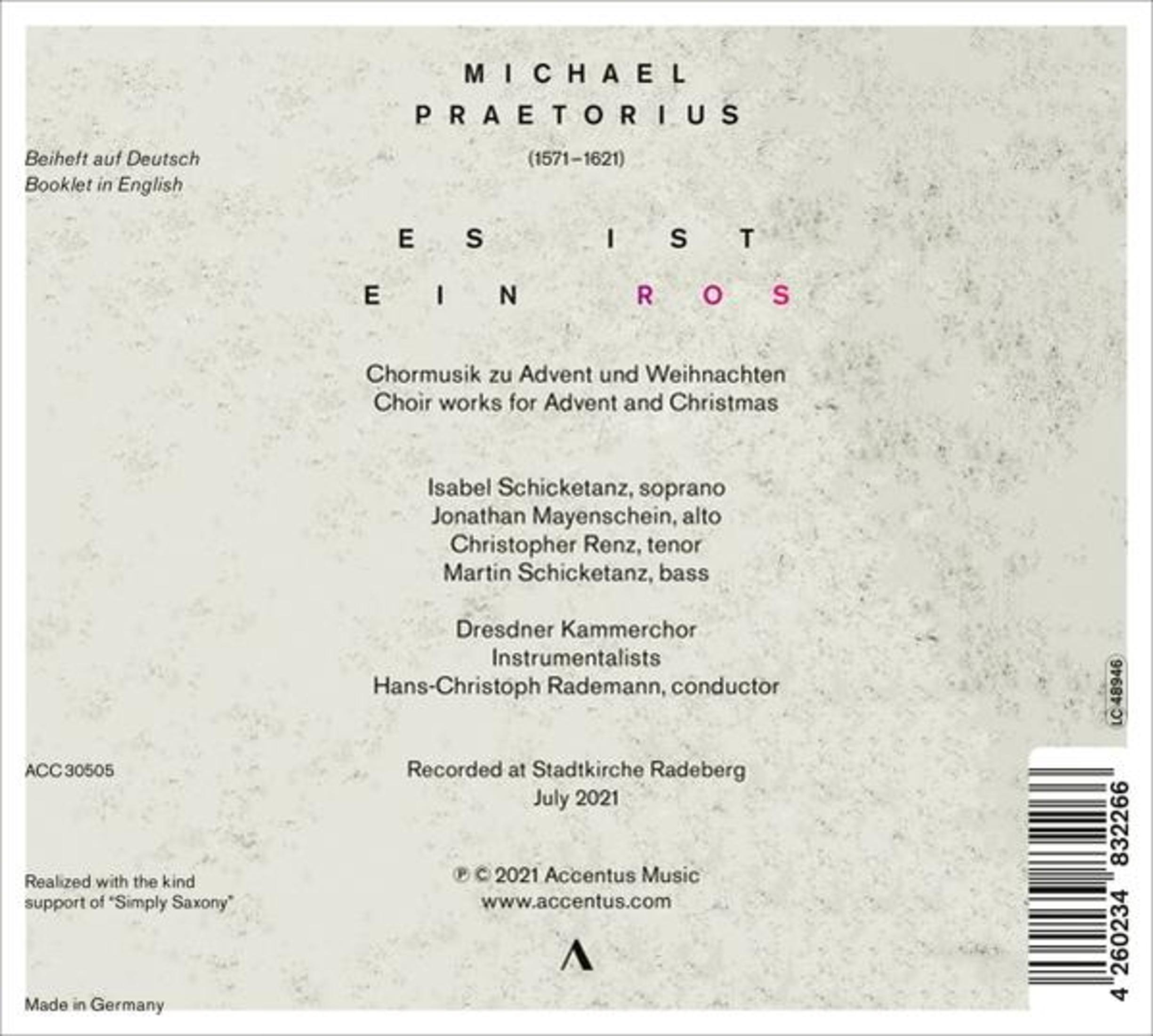 Albumcover mit Text für Michael Praetorius' Chormusik zu Advent und Weihnachten auf grauem, strukturiertem Hintergrund.
