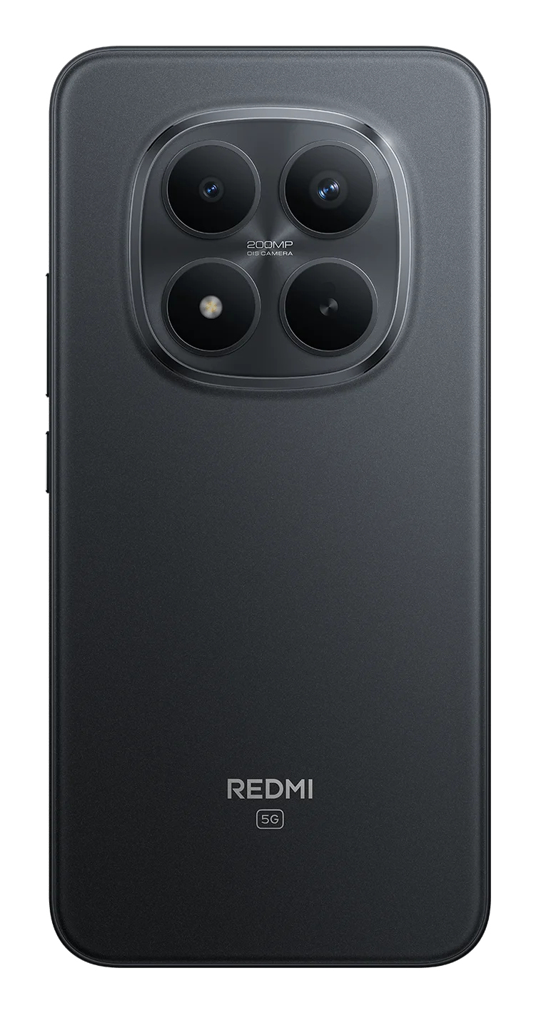 Retro di uno smartphone Redmi grigio scuro con un grande modulo fotocamera a quattro lenti e logo Redmi 5G.