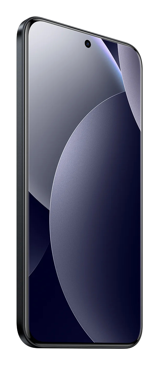 Uno smartphone con bordo nero mostra uno schermo con forme curve astratte viola e scure.