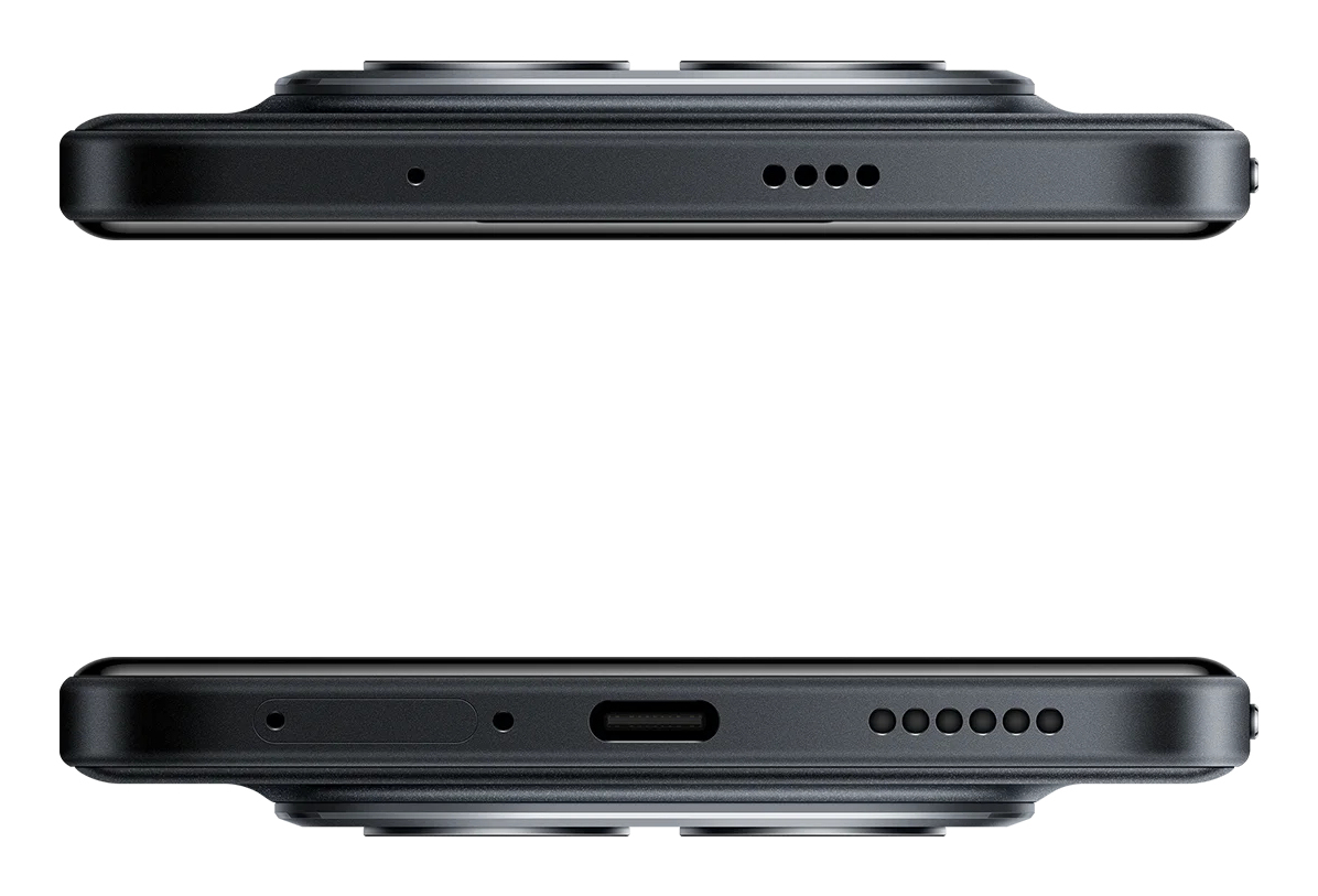 Bordi superiore e inferiore di uno smartphone nero con microfono, griglia altoparlante e porta USB-C su sfondo bianco.