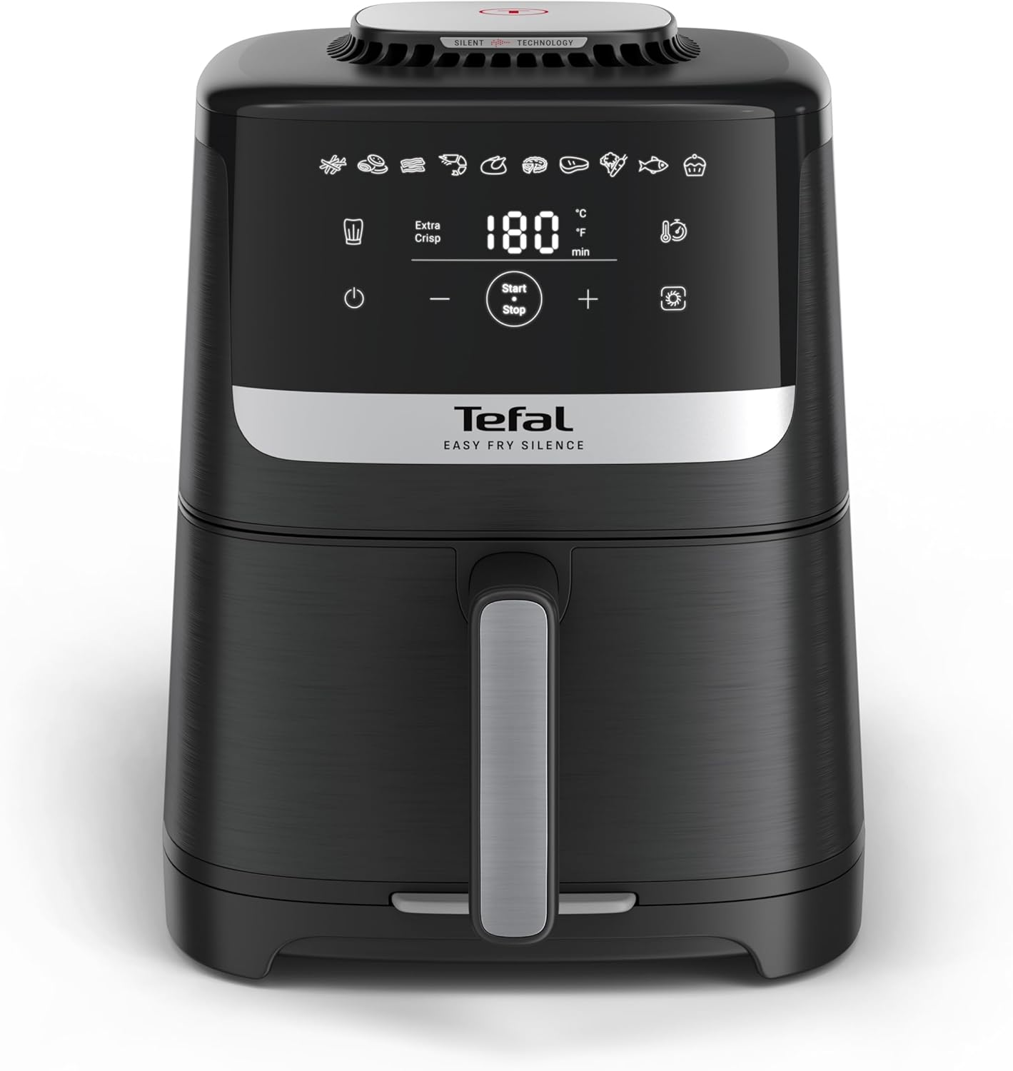 Schwarze Tefal Heißluftfritteuse mit digitalem Display und Start-Stopp-Taste.