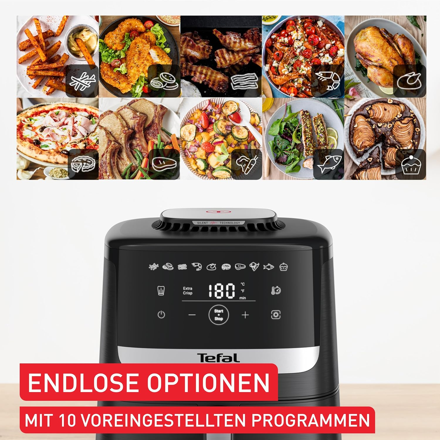 Schwarze Tefal Heißluftfritteuse mit digitalem Display, Touch-Bedienung und Icons für zehn verschiedene Kochprogramme.