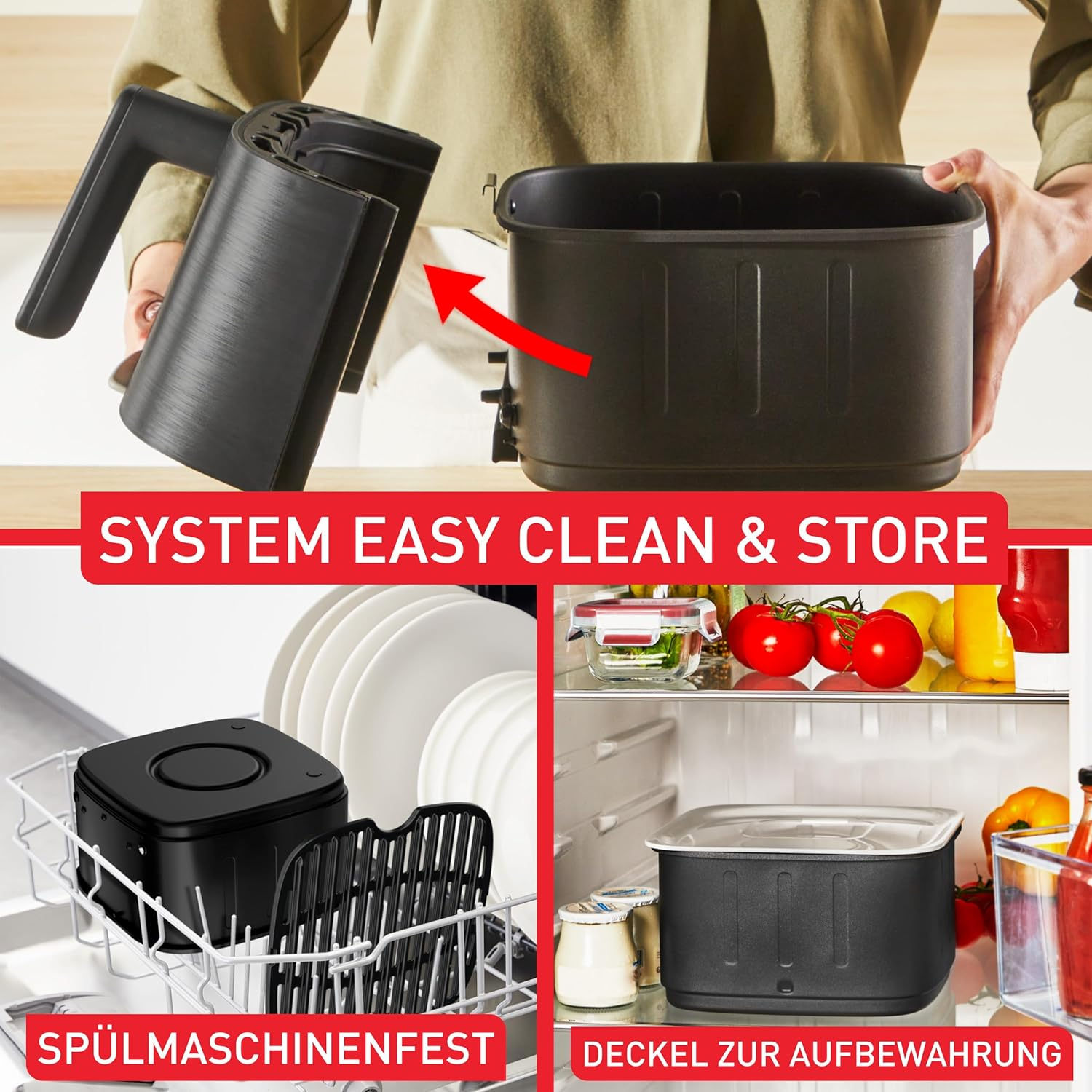 Eine Heißluftfritteuse mit leicht zu reinigendem und stapelbarem System, spülmaschinenfest und mit Aufbewahrungsdeckel.