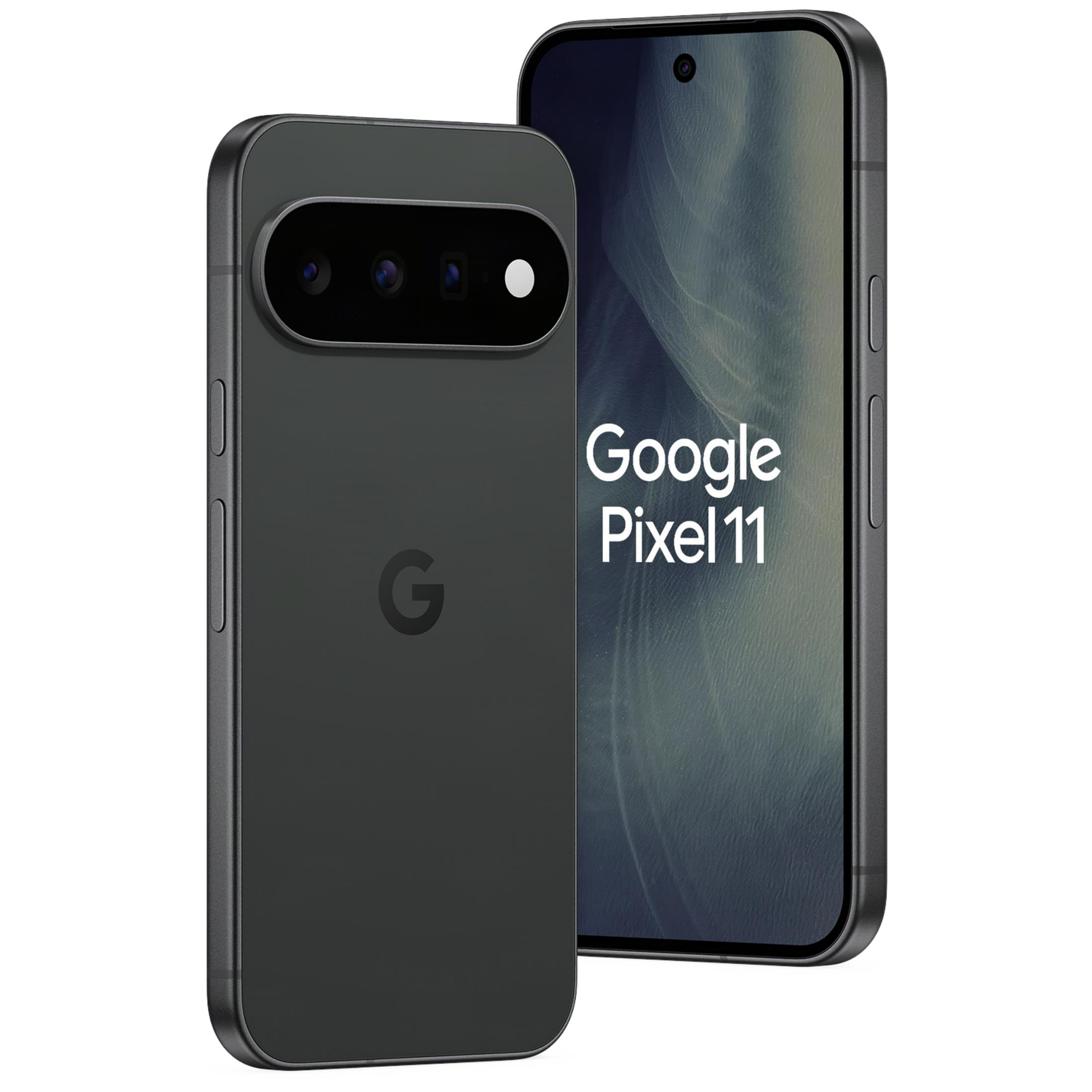 Zwei schwarze Google Pixel 11 Smartphones, eines zeigt die Rückseite mit Kamera, das andere die Vorderseite mit Display.