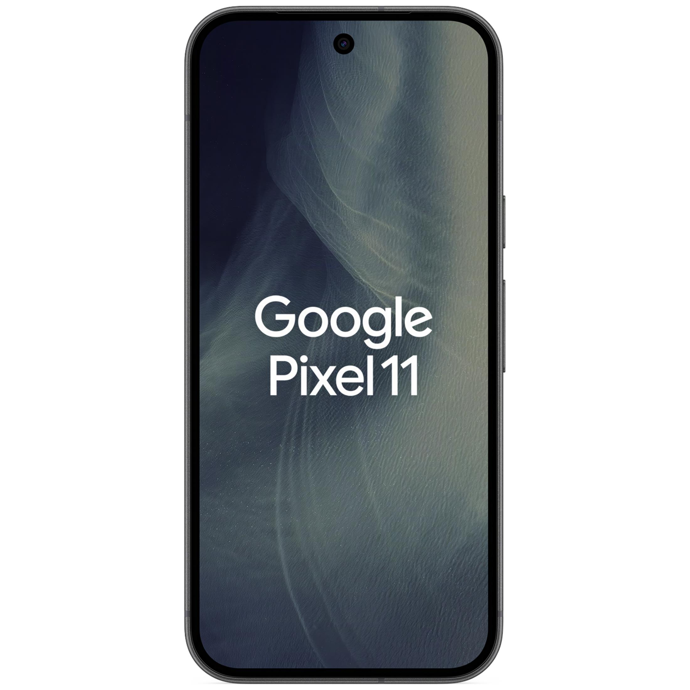 Ein schwarzes Google Pixel 11 Smartphone zeigt den Text 'Google Pixel 11' auf dem abstrakten Hintergrund.