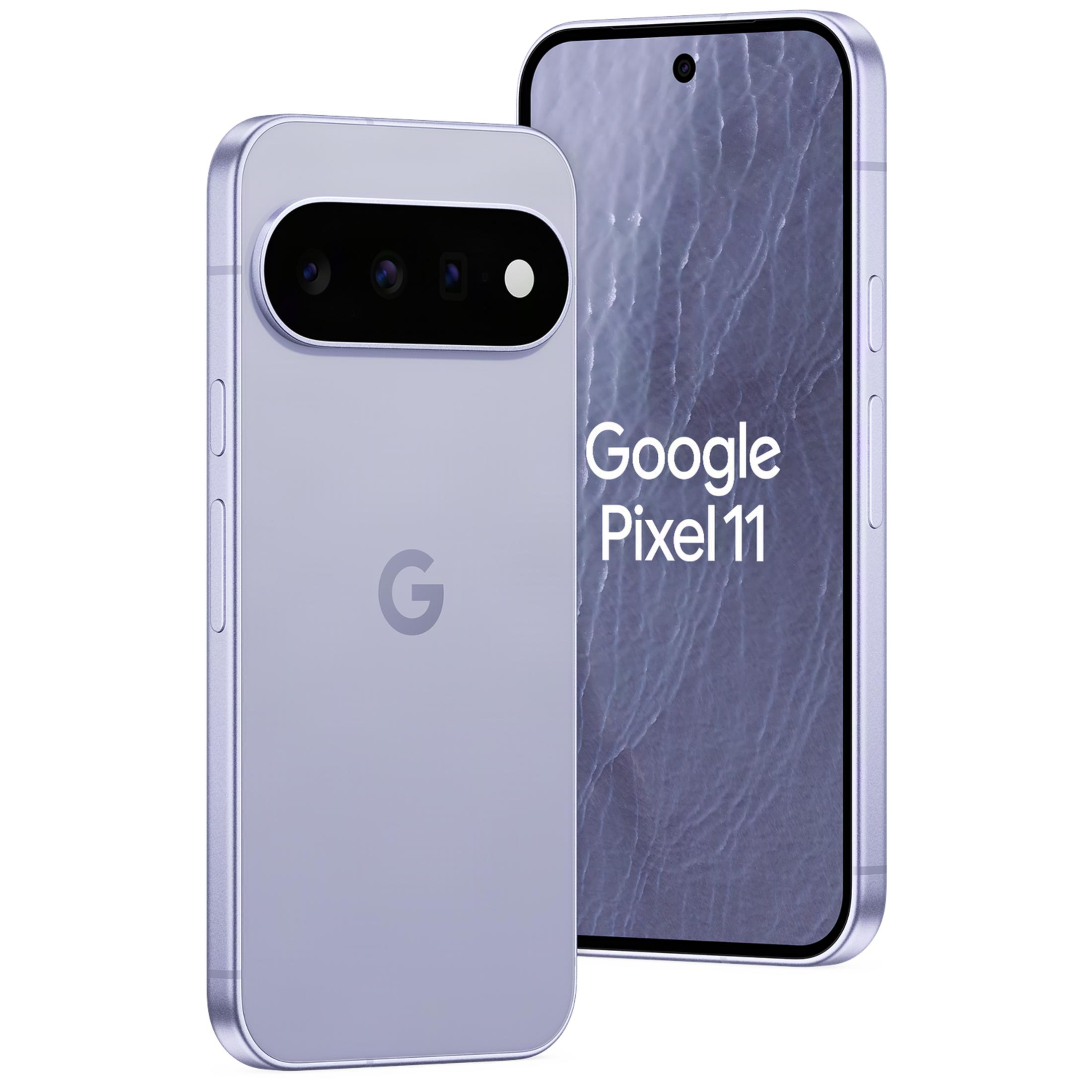 Dwa jasnofioletowe smartfony Google Pixel 11, jeden z tyłu z aparatami, drugi z widokiem ekranu.