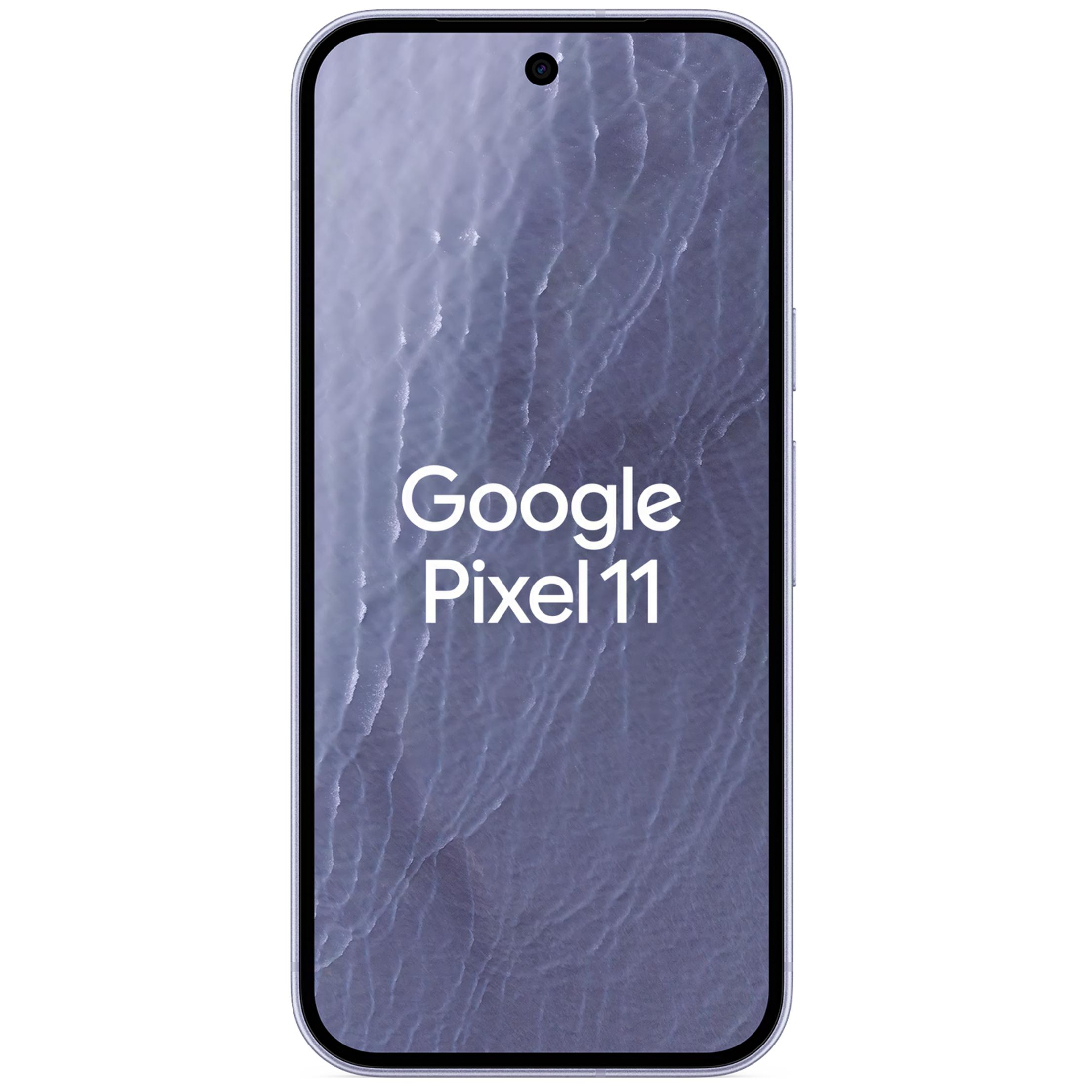 Widok z przodu smartfona Google Pixel 11 z nazwą marki na ekranie na tle niebieskiego tła.