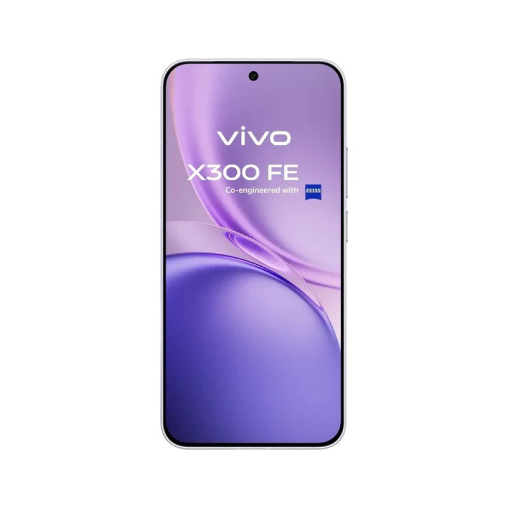 Smartfon Vivo X300 FE z fioletową abstrakcyjną tapetą i napisem na ekranie.