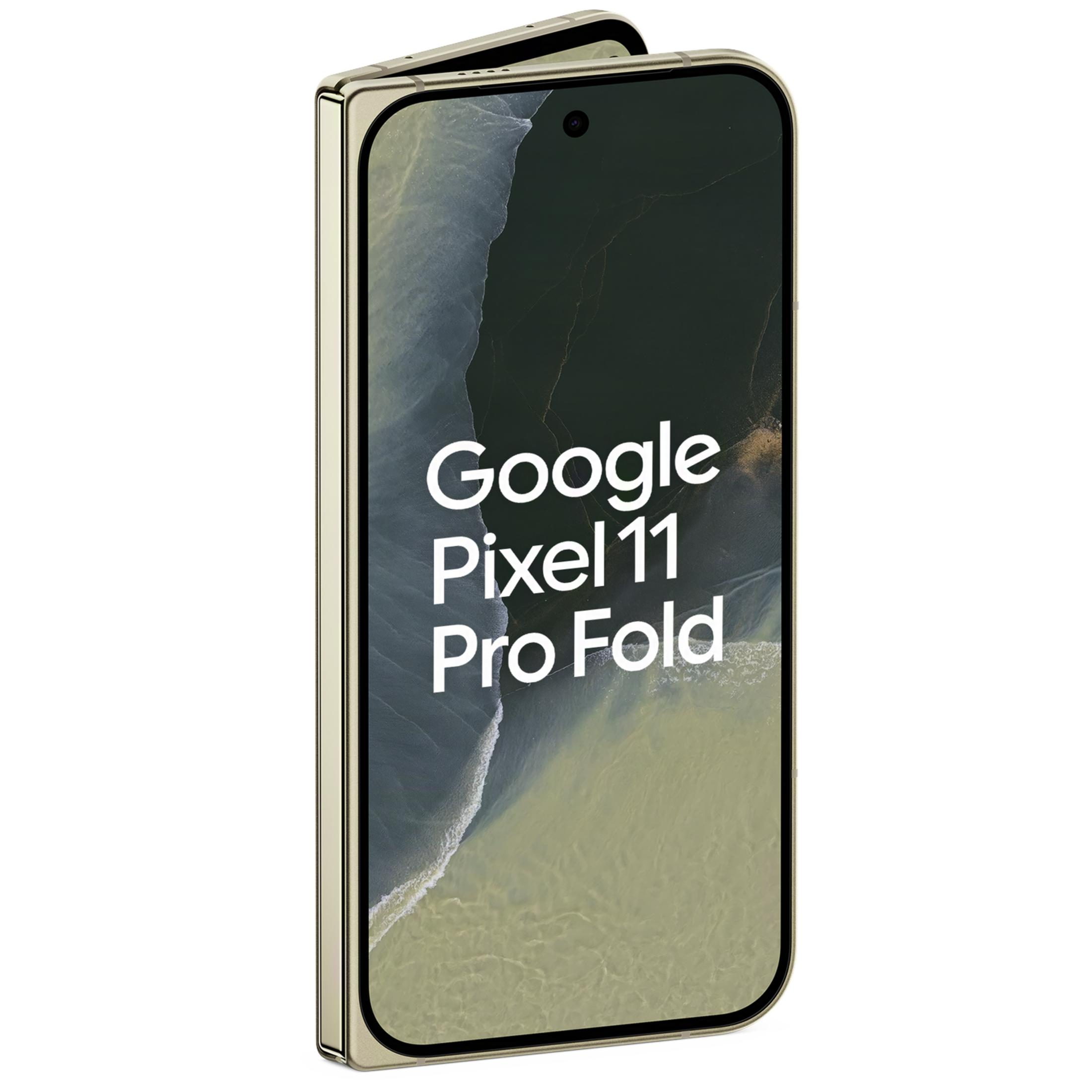Smartphone pieghevole dorato Google Pixel 11 Pro Fold con testo sullo schermo.