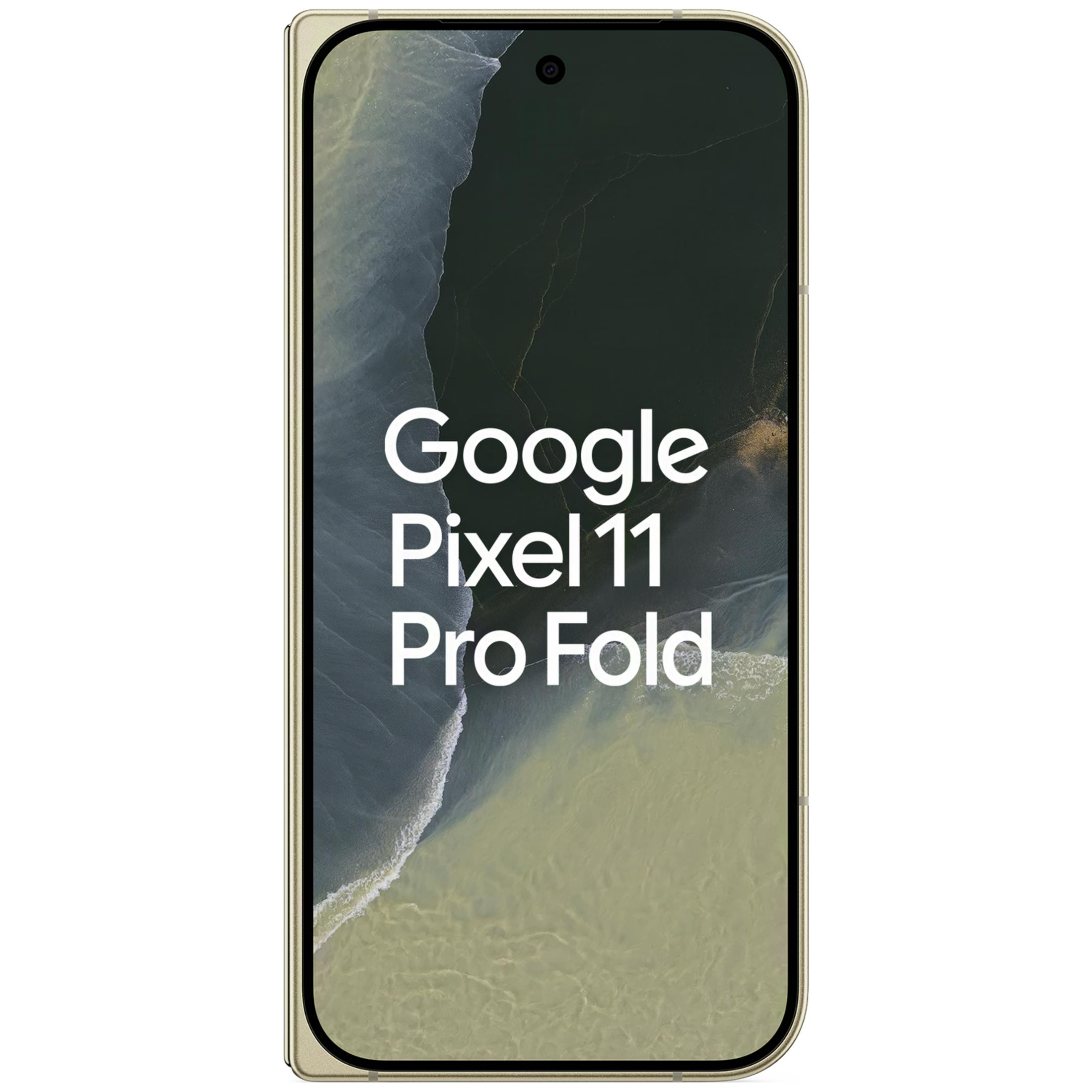 Uno smartphone Google Pixel 11 Pro Fold dorato con testo e sfondo della costa.