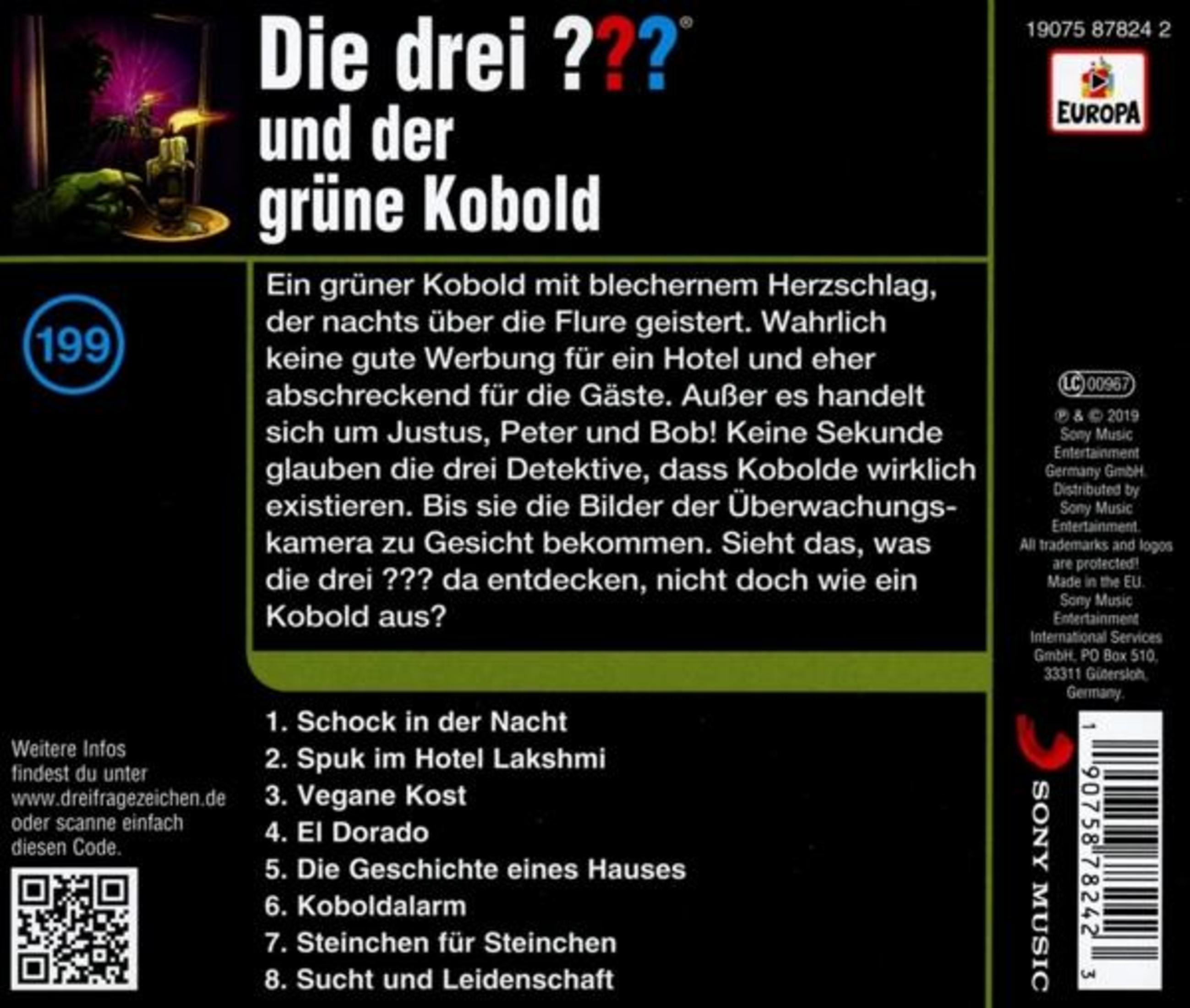 Rückseite der CD Die drei ??? und der grüne Kobold mit Text, Tracklist und Logo vor schwarzem und grünem Hintergrund.