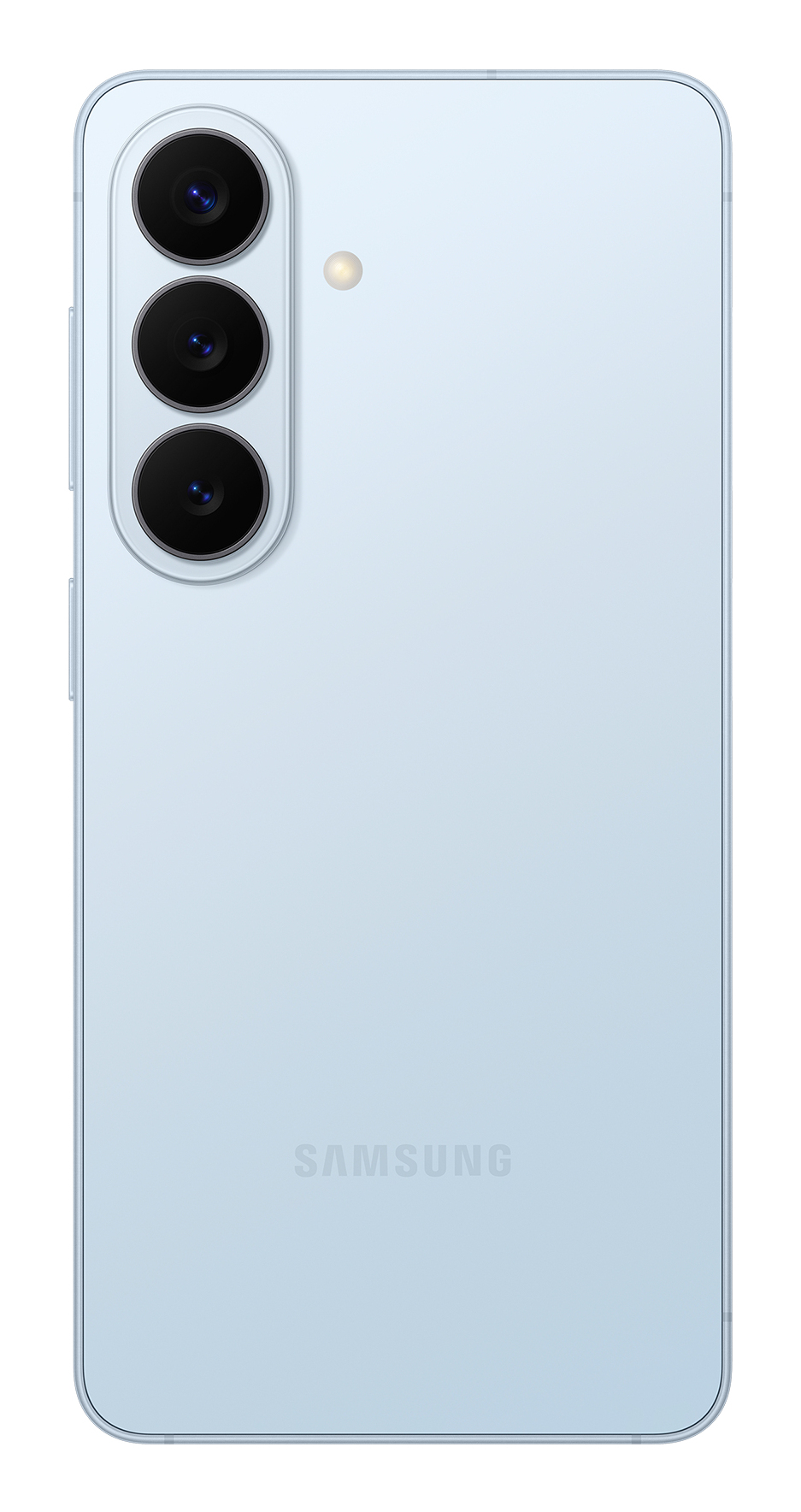 Retro di uno smartphone Samsung azzurro con tripla fotocamera verticale e flash.
