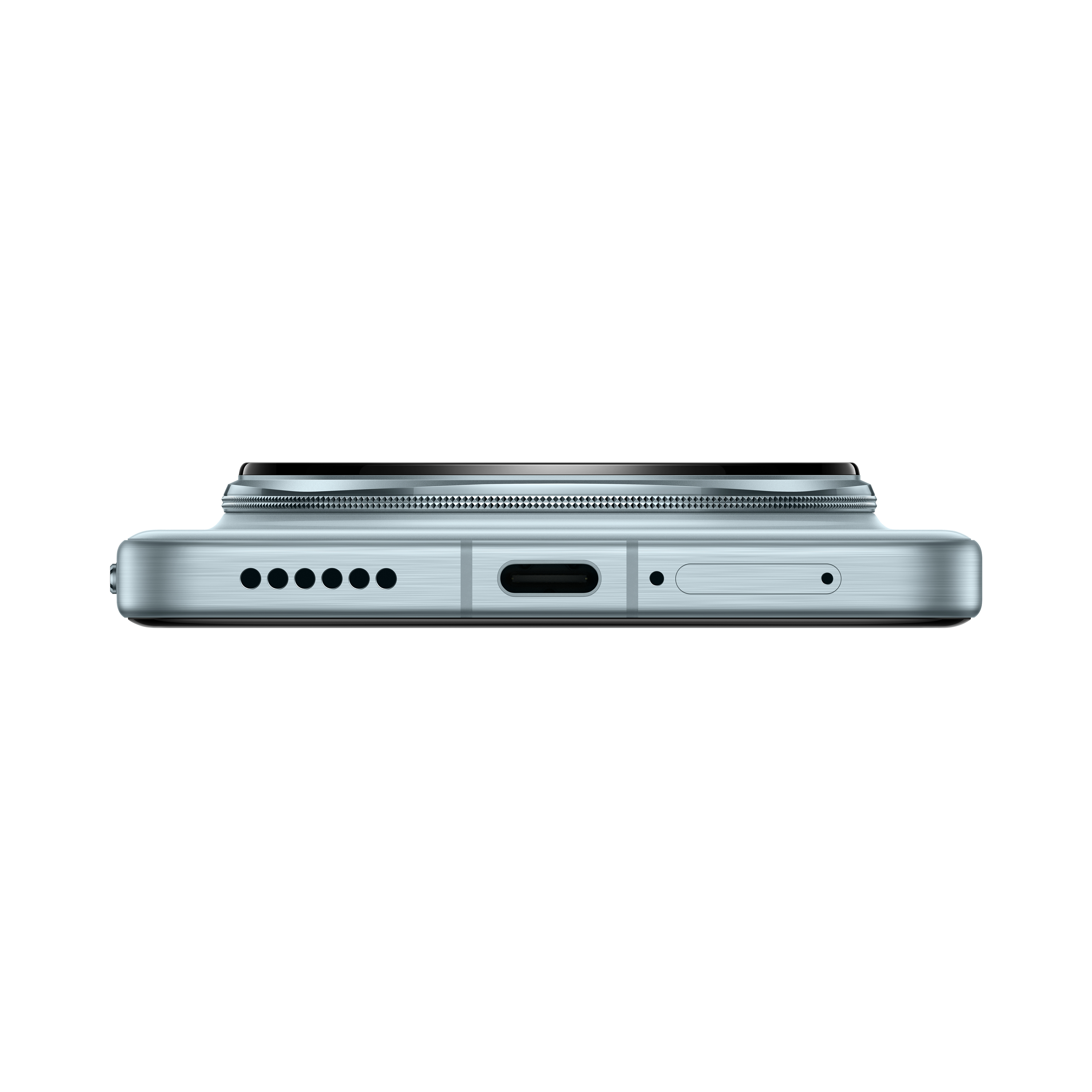 USB-C bağlantı noktası, hoparlör ve SIM tepsisi olan gümüş rengi akıllı telefonun alt görünümü.