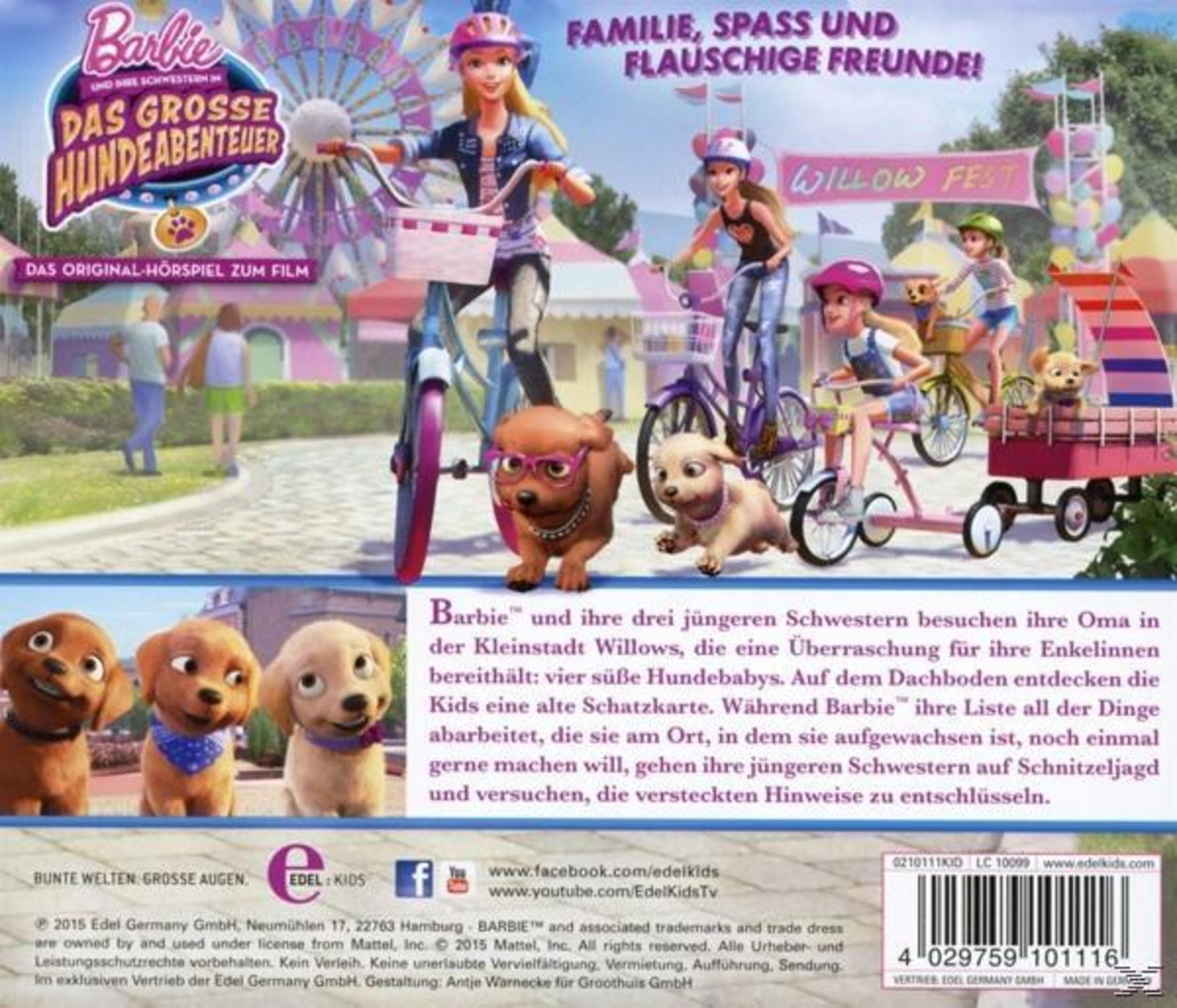 Barbie und ihre Schwestern radeln mit Hunden auf einem Jahrmarkt, mit Text und Strichcode.