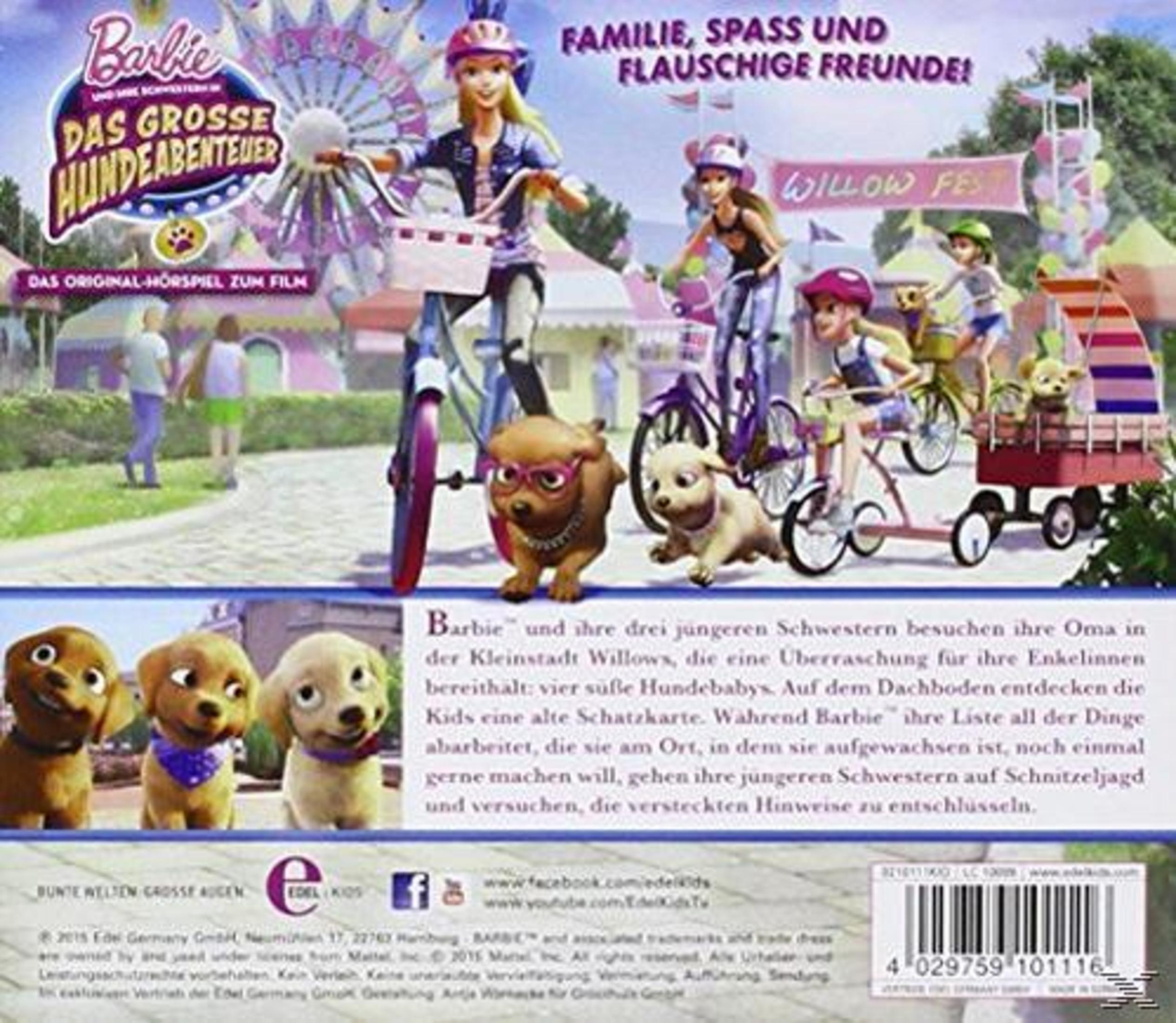 Barbie und ihre Schwestern mit Hunden an einem Jahrmarkt, mit Text und Strichcode.