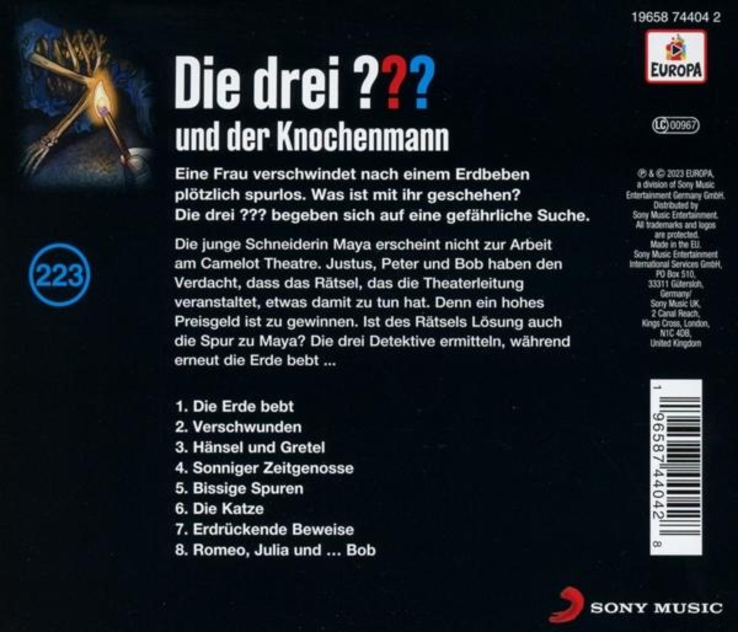 Rückseite des Die drei ??? Hörspiels mit deutschem Text, Trackliste sowie Europa- und Sony-Music-Logos.