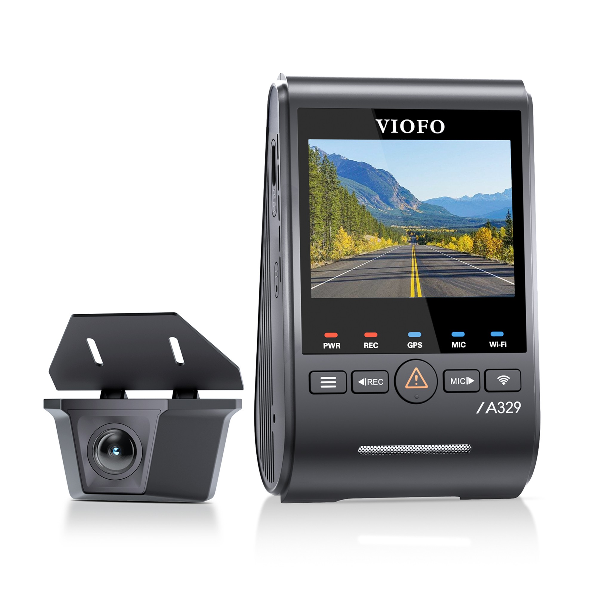 Dashcam VIOFO A329 con unità principale, schermo e telecamera posteriore separata su sfondo bianco.