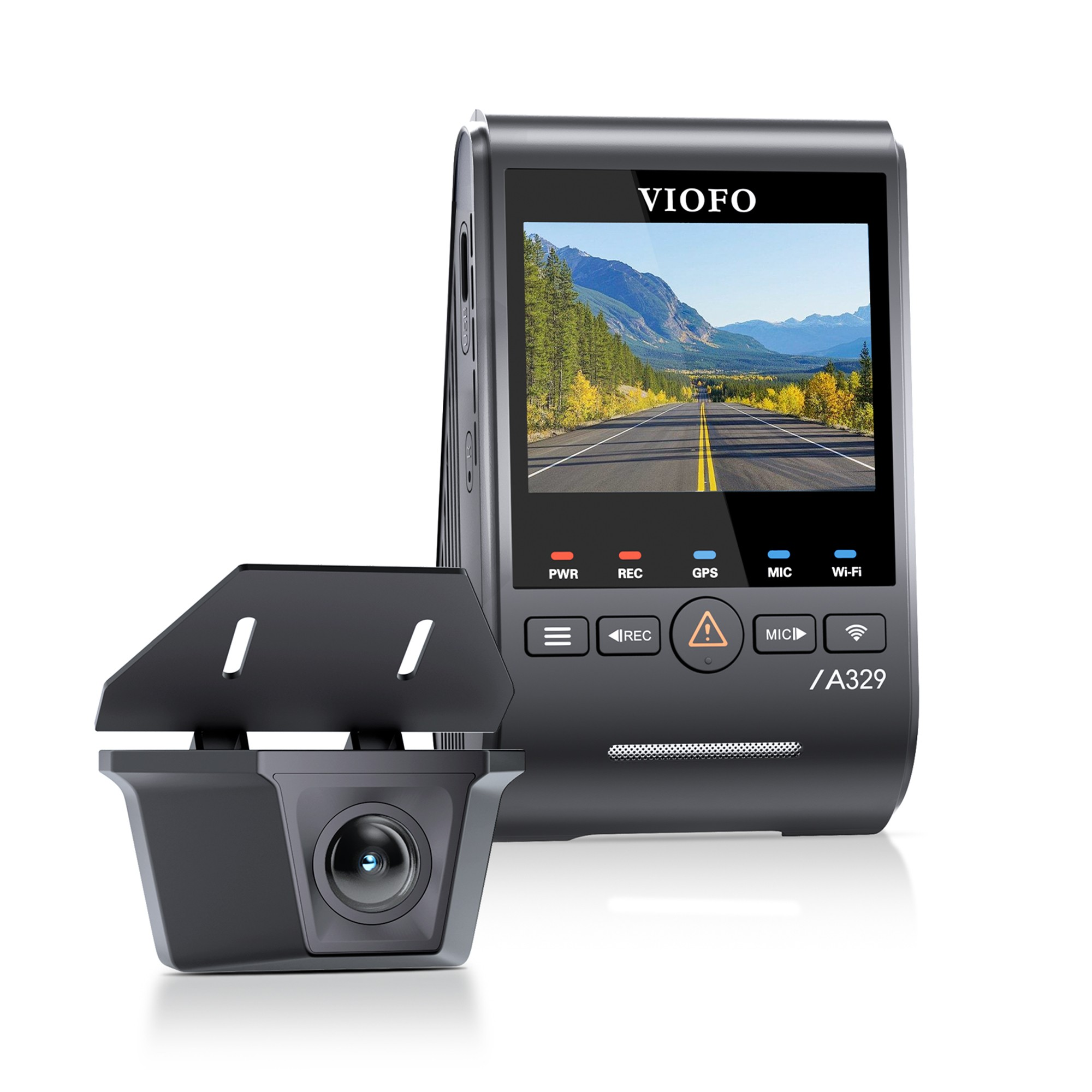 Dashcam Viofo A329 nera con schermo e telecamera posteriore separata.