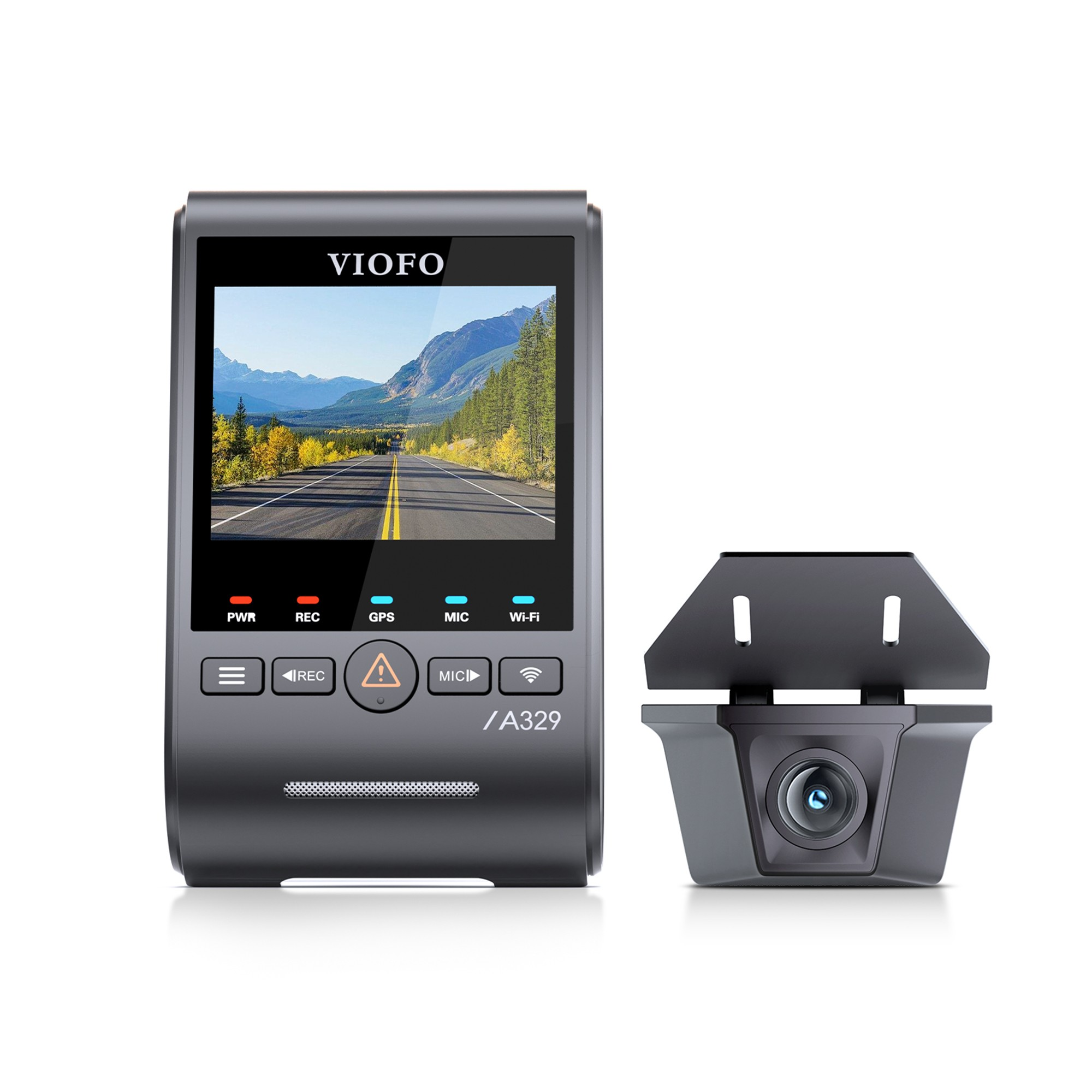 Dashcam VIOFO A329 con schermo e telecamera posteriore su sfondo bianco.