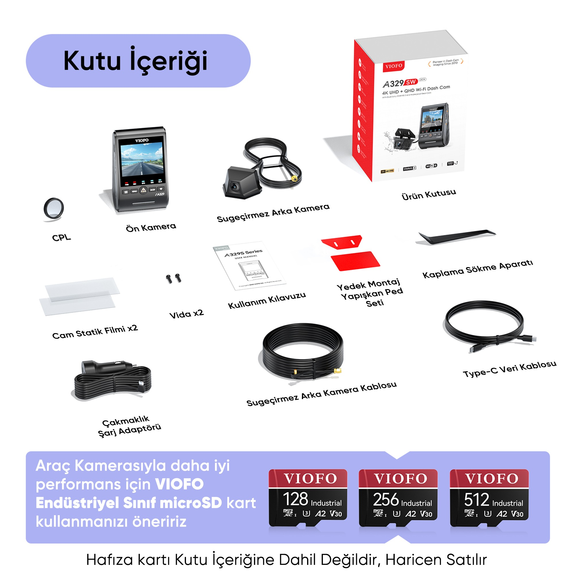 Contenuto della confezione della dash cam VIOFO con fotocamera anteriore, posteriore, cavi e accessori.