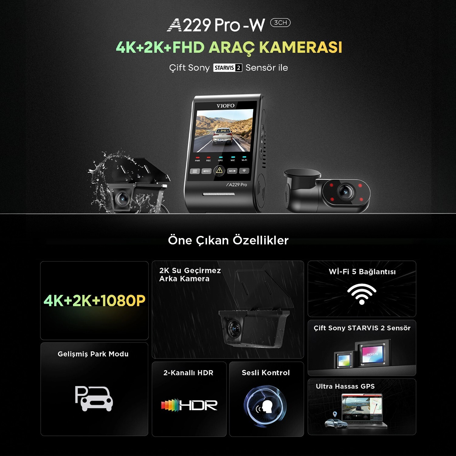Dashcam A229 Pro-W 3CH con unità principale, telecamera posteriore impermeabile e funzioni chiave come HDR e Wi-Fi.