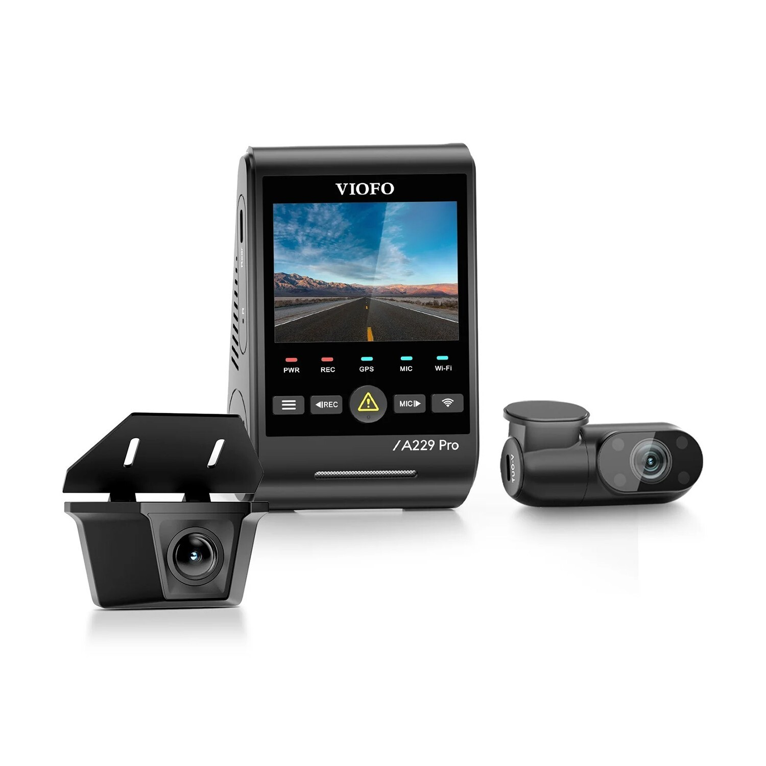 Dashcam VIOFO A229 Pro con schermo principale e due telecamere ausiliarie su sfondo bianco.
