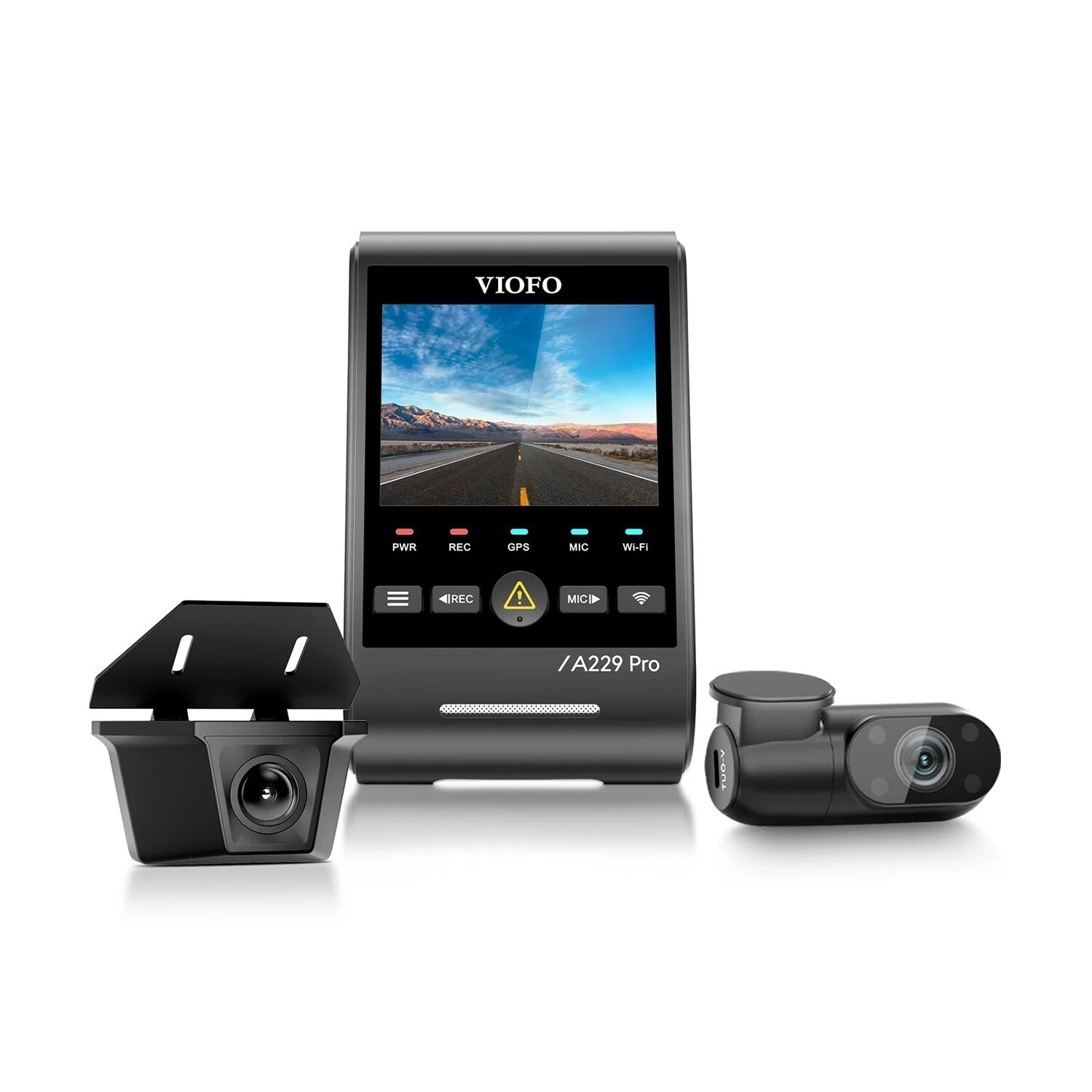 Dashcam VIOFO A229 Pro con unità principale e due telecamere ausiliarie.