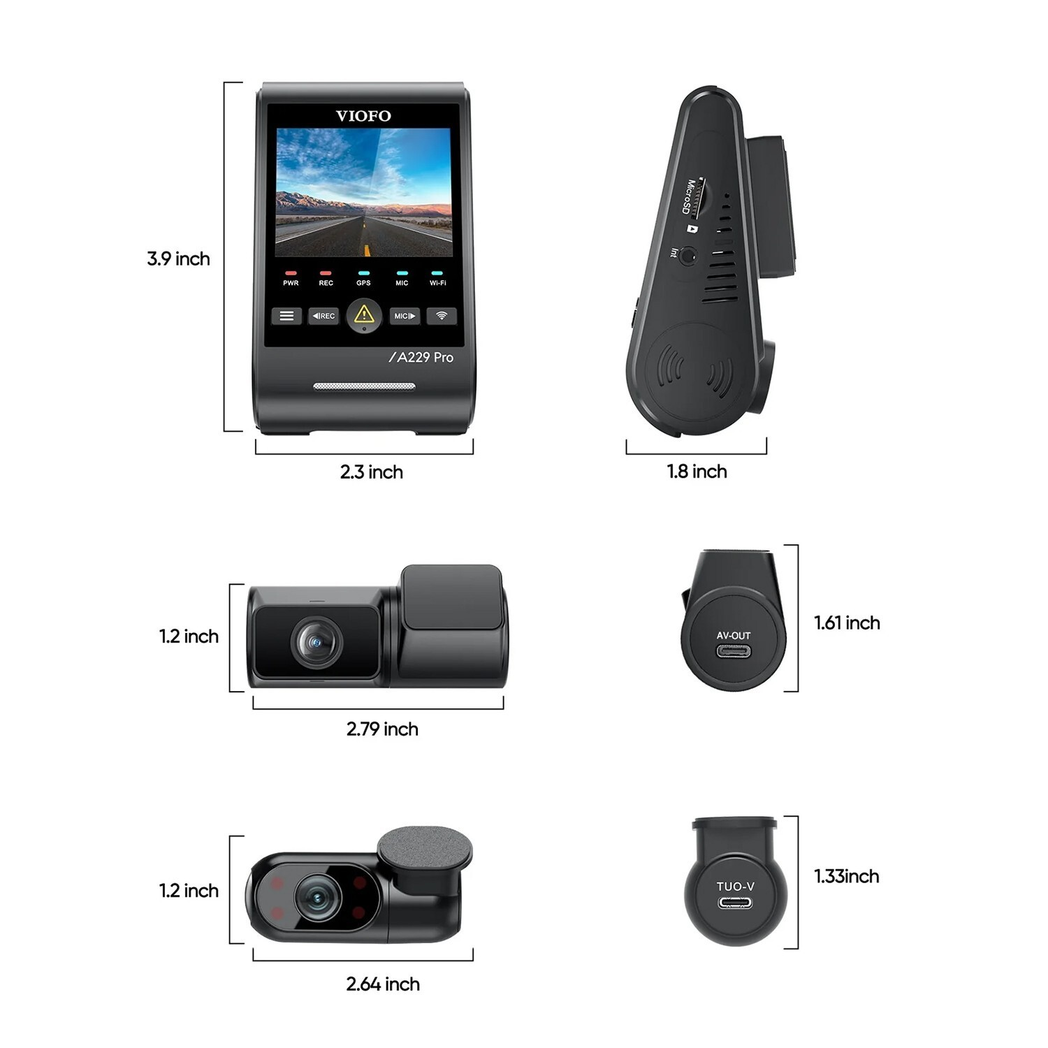 Varie angolazioni e dimensioni precise della dashcam VIOFO A229 Pro.