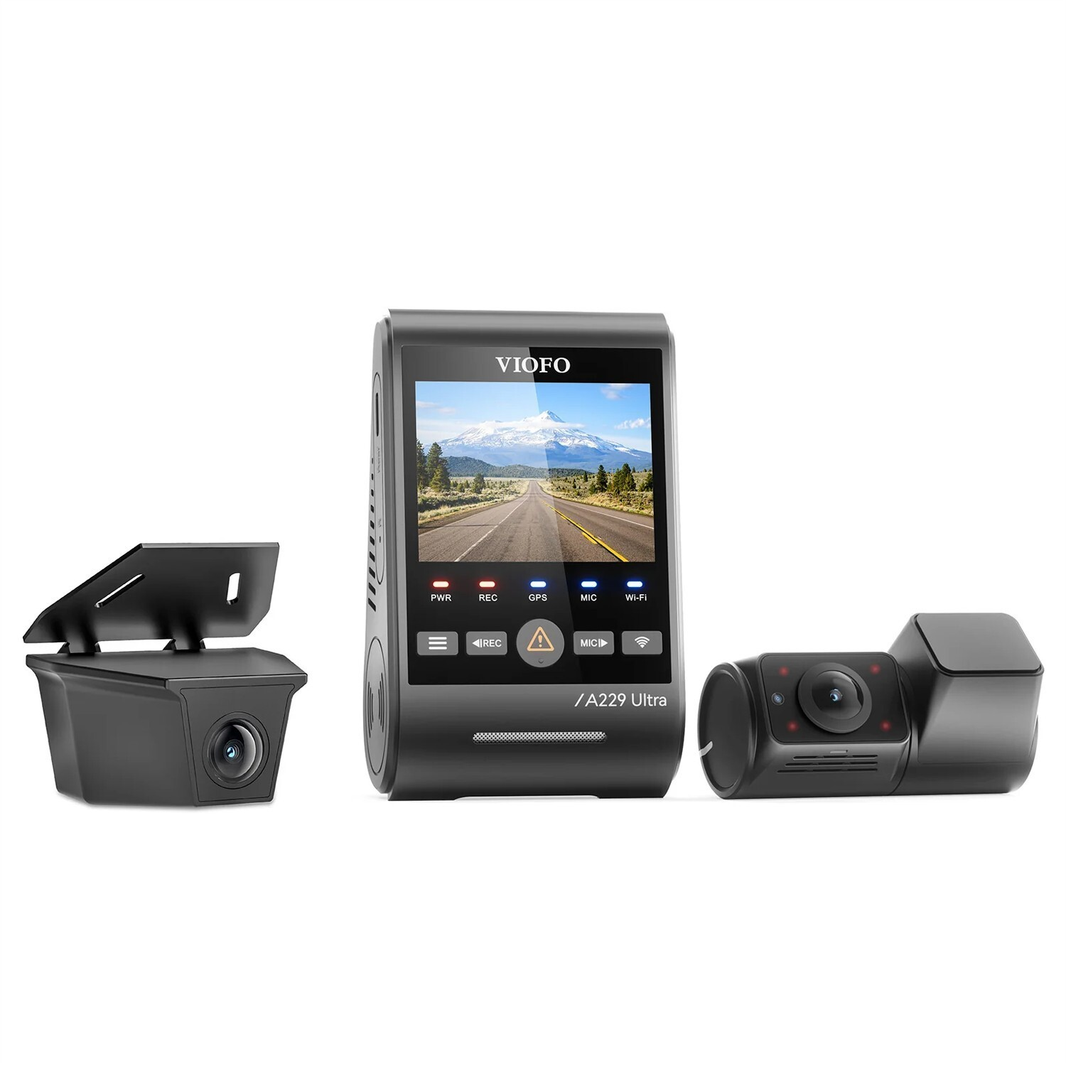 Tre dash cam nere su sfondo bianco, inclusa una telecamera principale con schermo, una posteriore e una interna.