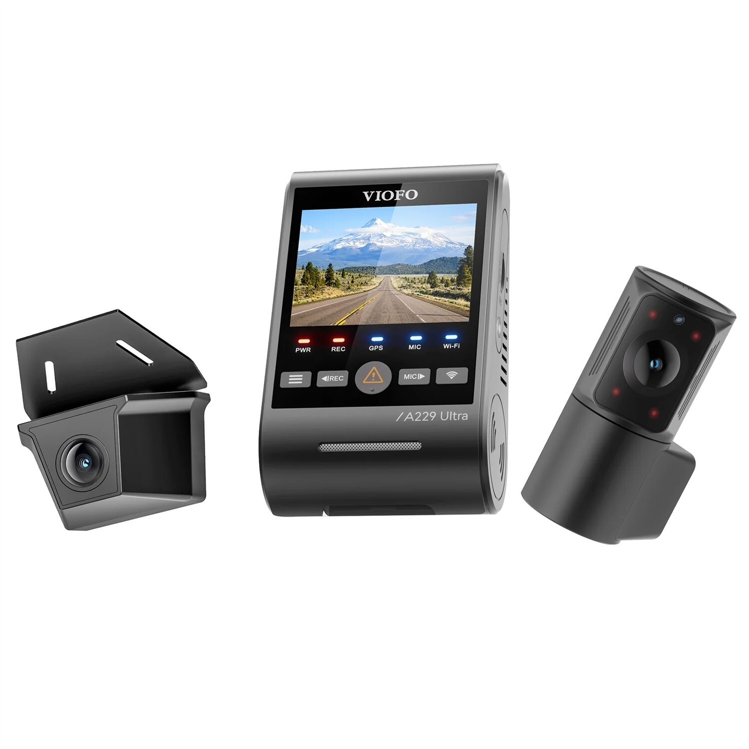Tre unità dashcam VIOFO nere: una fotocamera principale con schermo e due telecamere ausiliarie su sfondo bianco.