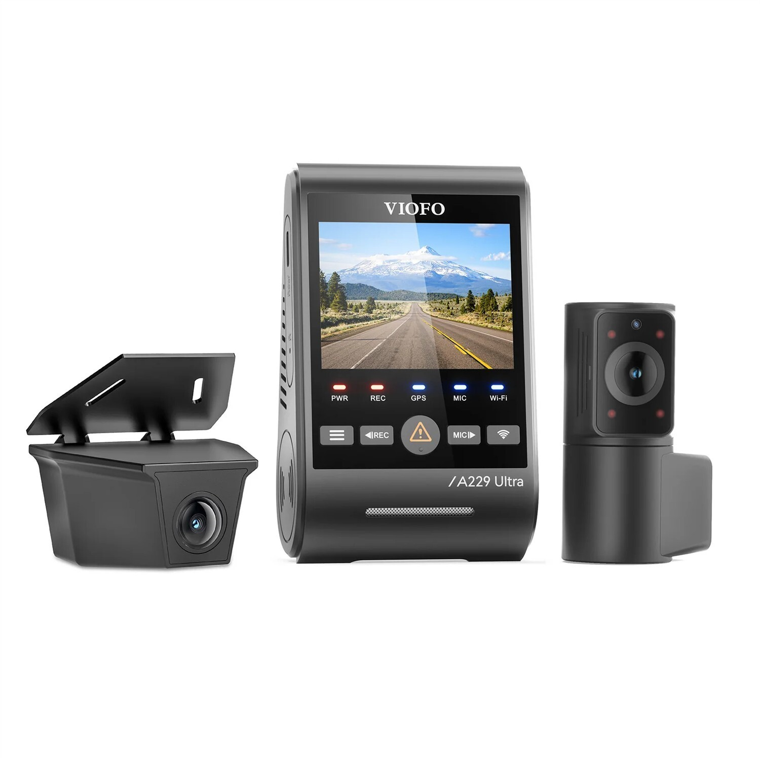 Kit dash cam Viofo A229 Ultra con telecamera anteriore, posteriore e interna.