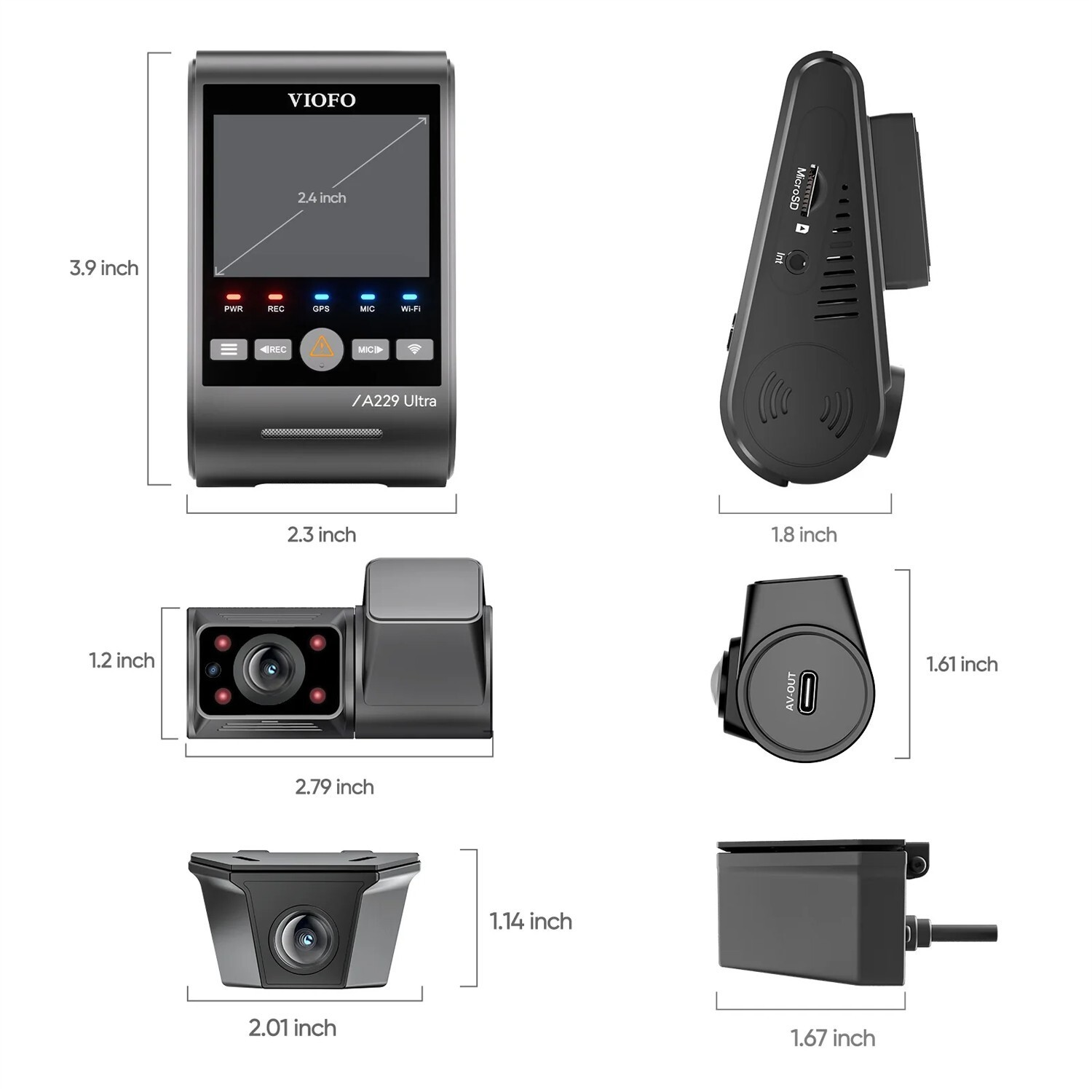 Varie angolazioni e dimensioni di una dashcam VIOFO A229 Ultra nera.