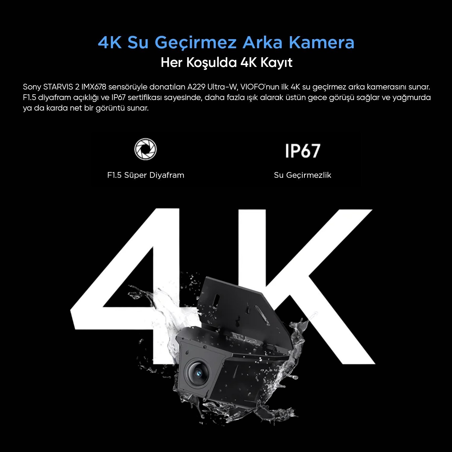 Immagine di prodotto di una telecamera posteriore 4K impermeabile su sfondo nero.