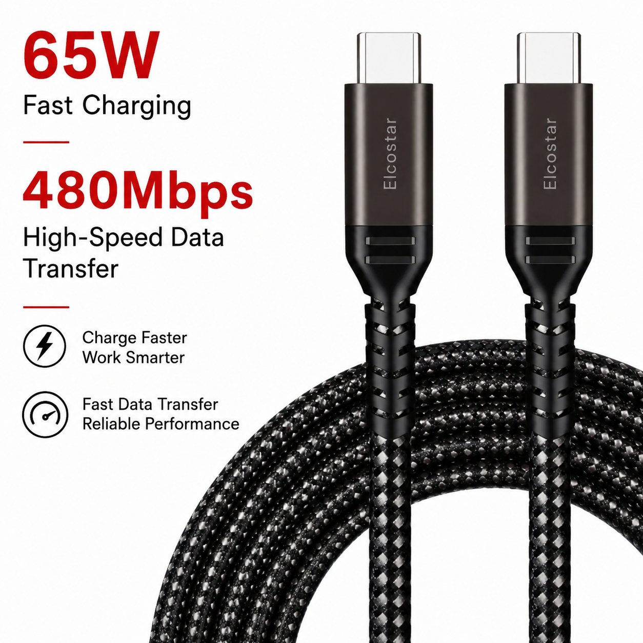 Zwei schwarze USB-C-Kabel mit 65W Ladeleistung und Textummantelung auf weißem Hintergrund mit Textgrafiken.