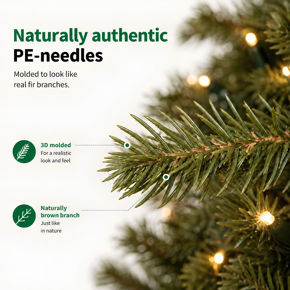 Close-up of realistic PE fir needles with text and infographic elements.