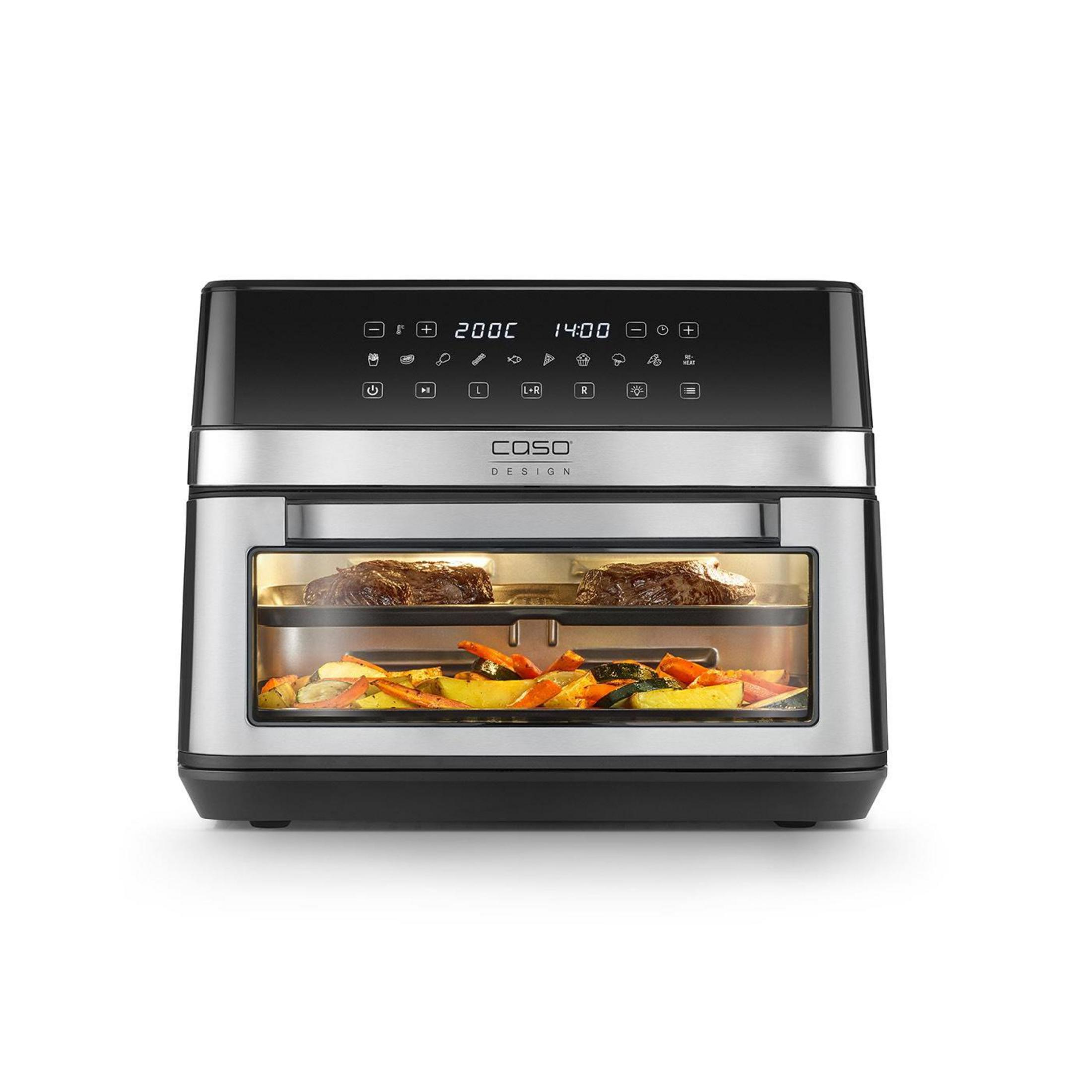 Edelstahl-Heißluftfritteuse mit digitalem Display und Sichtfenster mit Fleisch und Gemüse.