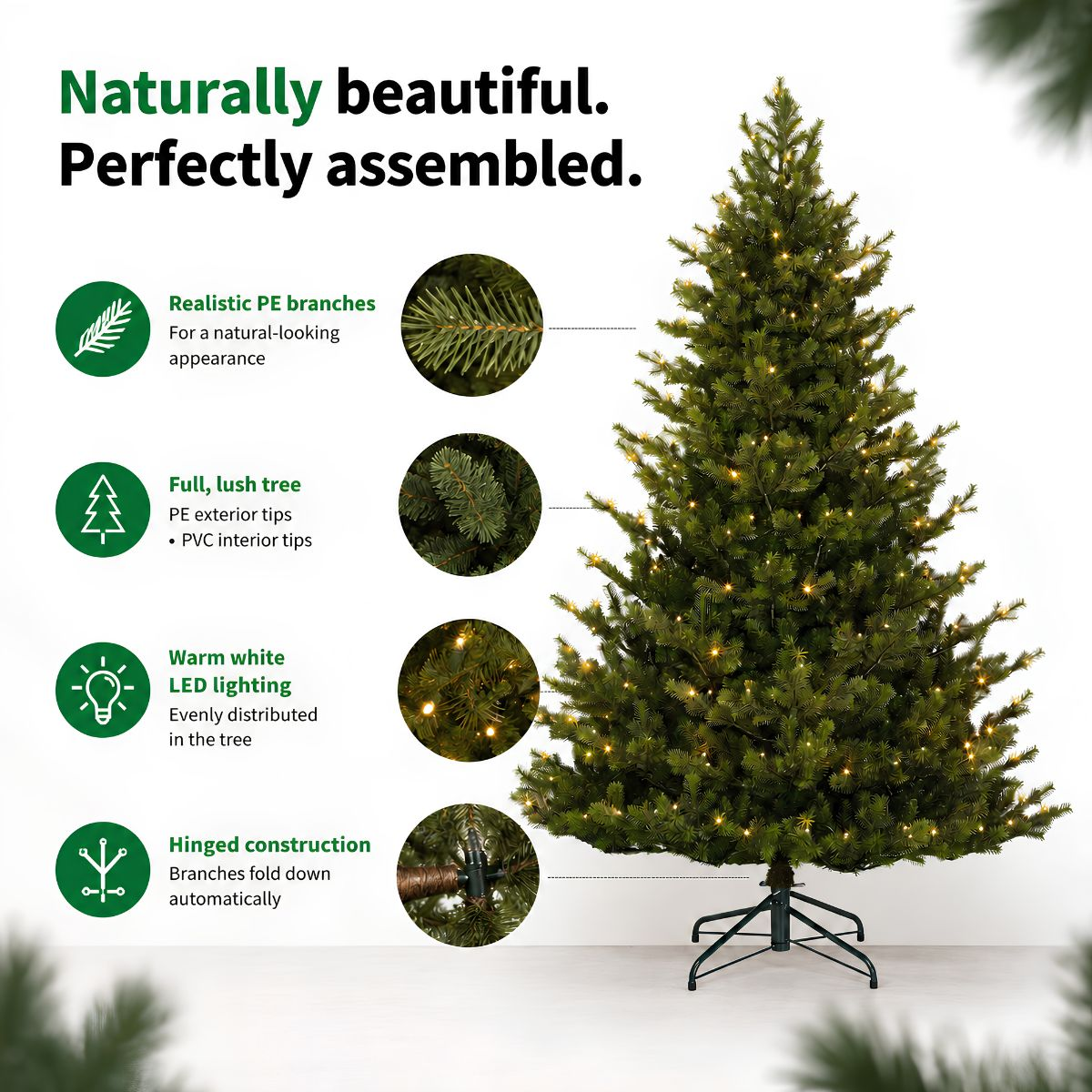 Artificial Christmas tree with LED lights and close-ups of branches and hinges.