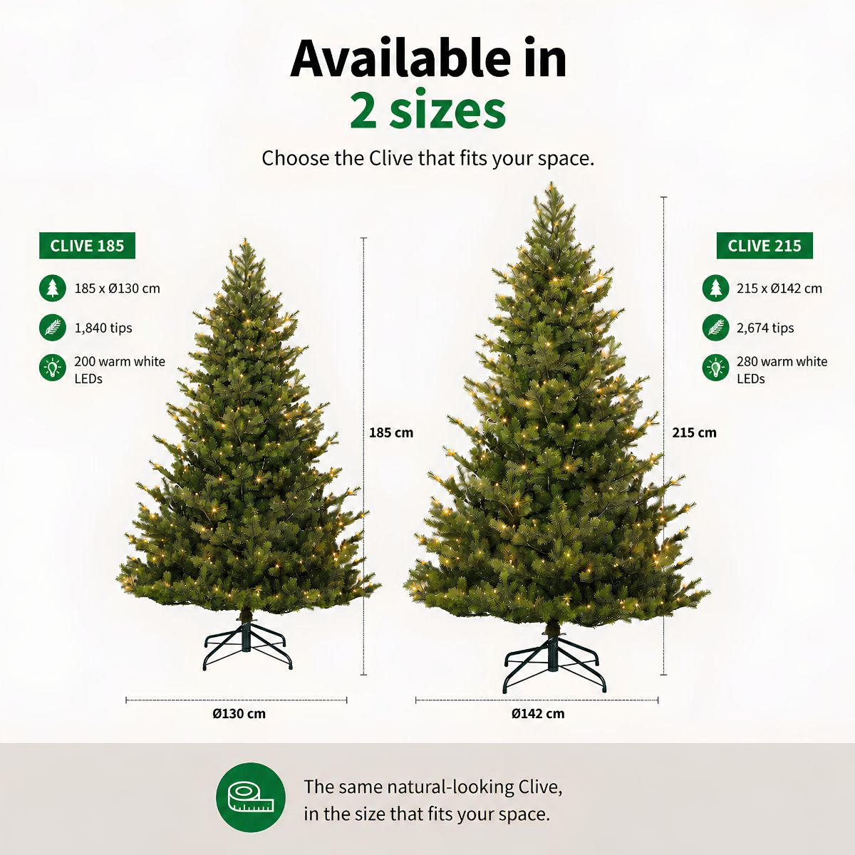 Two artificial Christmas trees with LED lights in 185 cm and 215 cm sizes with dimensions.