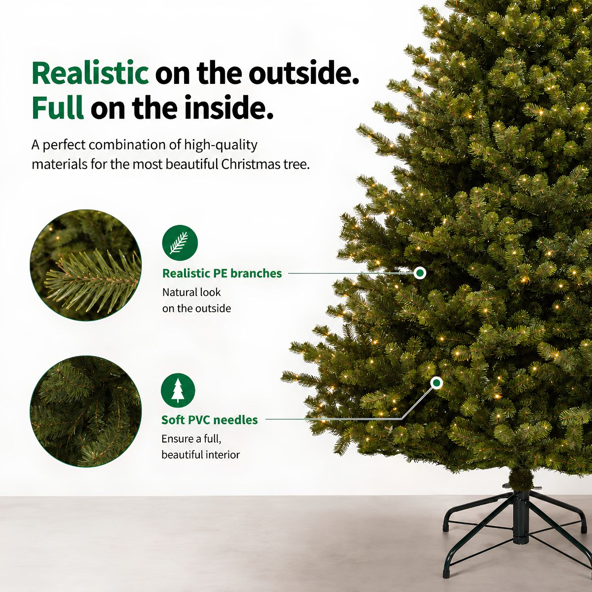 An advertisement for a realistic Christmas tree with PE branches and PVC needles, featuring text and close-up circles.