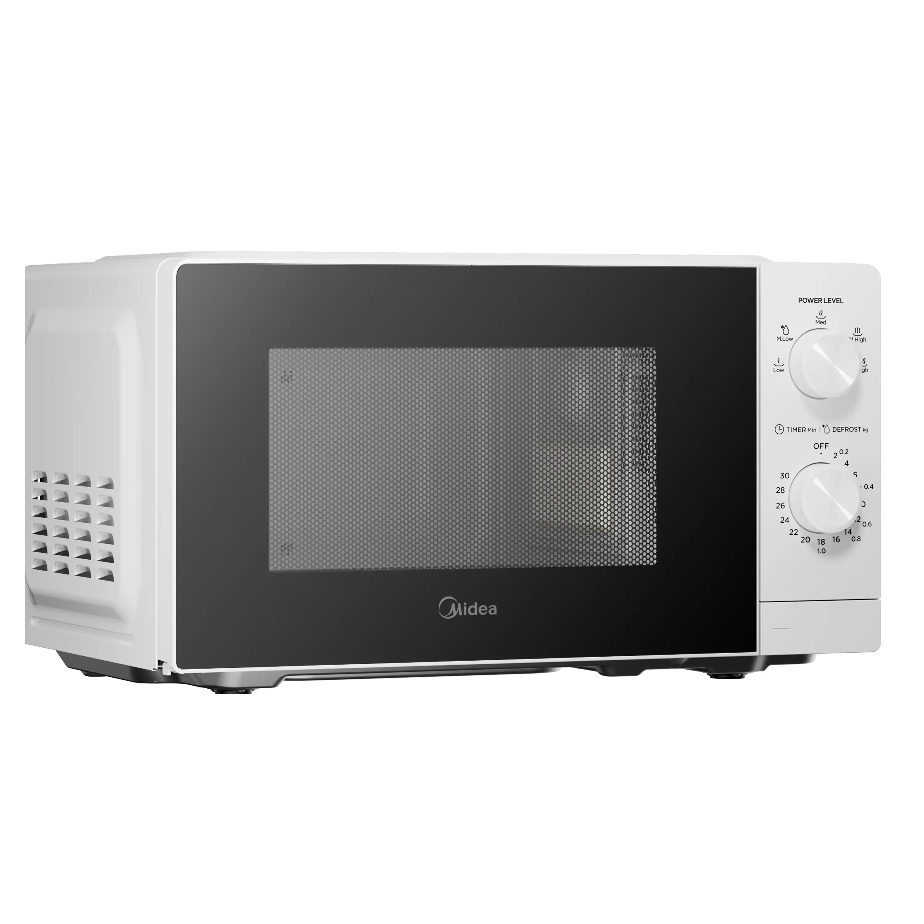 Un forno a microonde bianco Midea con anta in vetro nero e due manopole a destra.