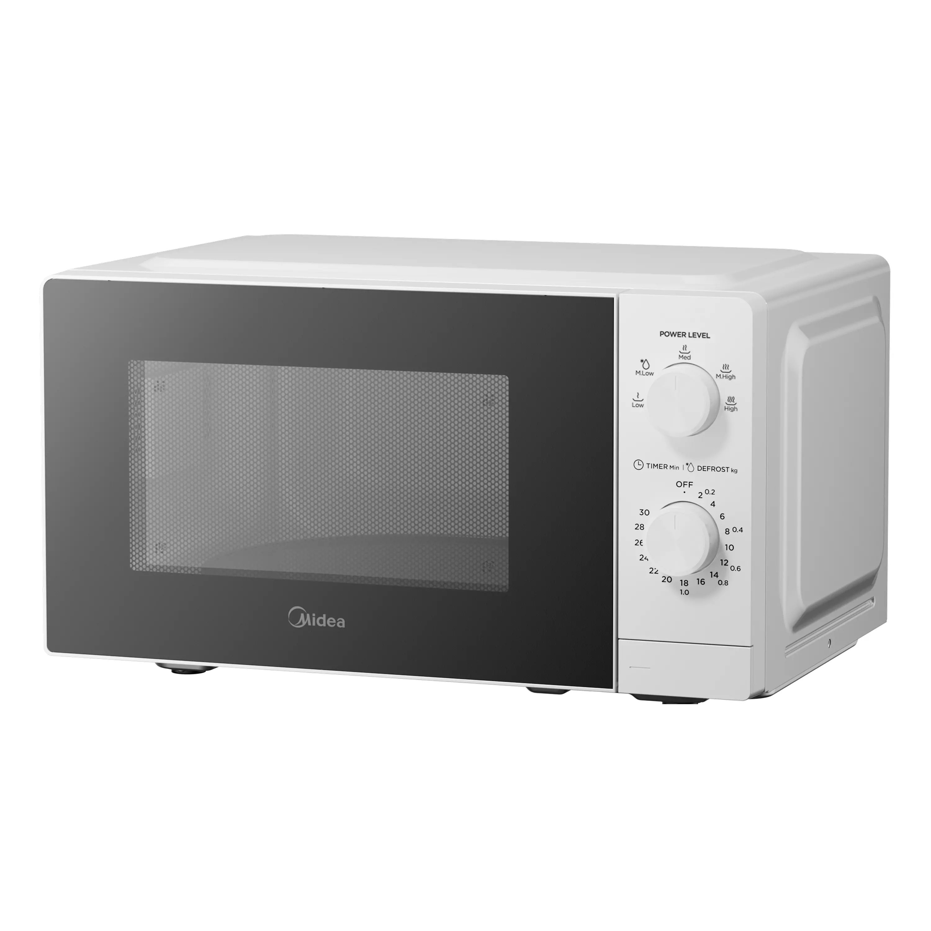Un forno a microonde Midea bianco con due manopole sul lato destro e un'ampia finestra nera.