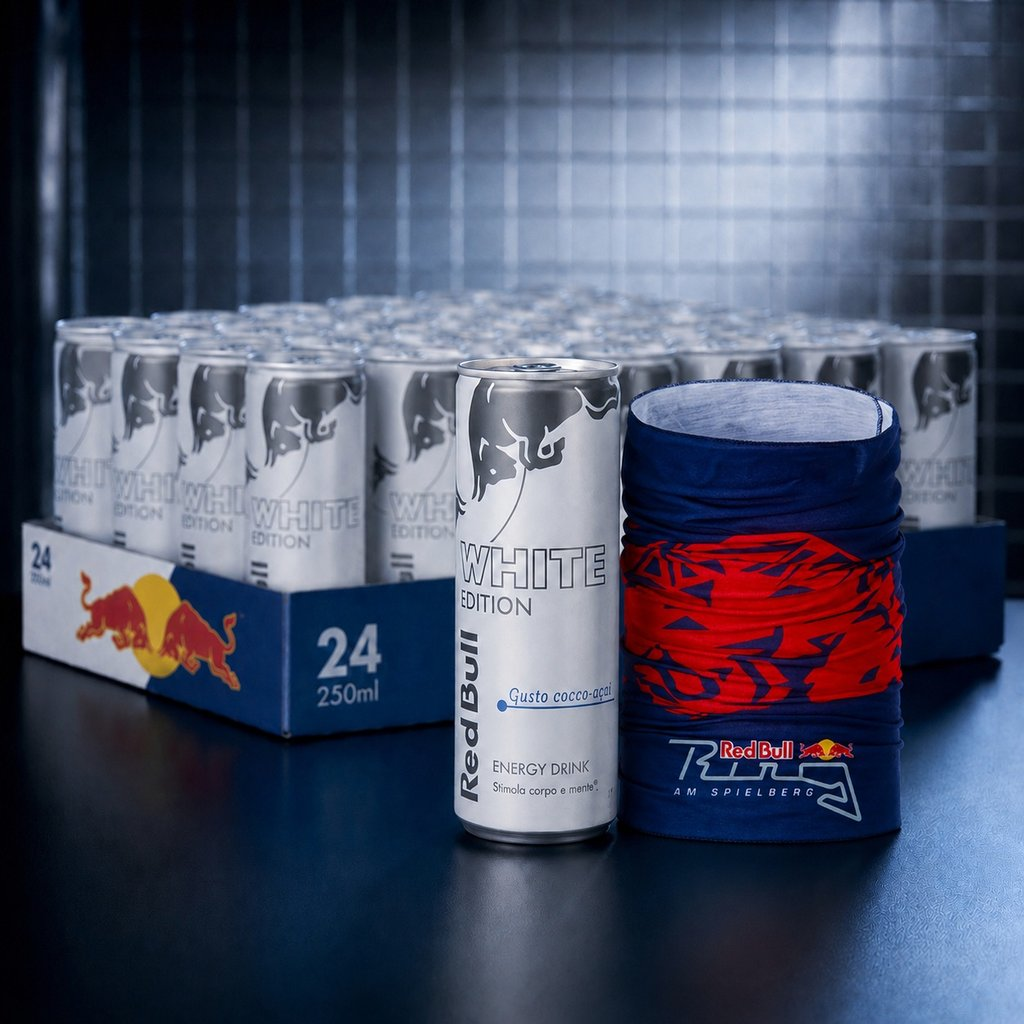 Una confezione da 24 Red Bull White Edition e una scaldacollo blu e rossa su una superficie scura.