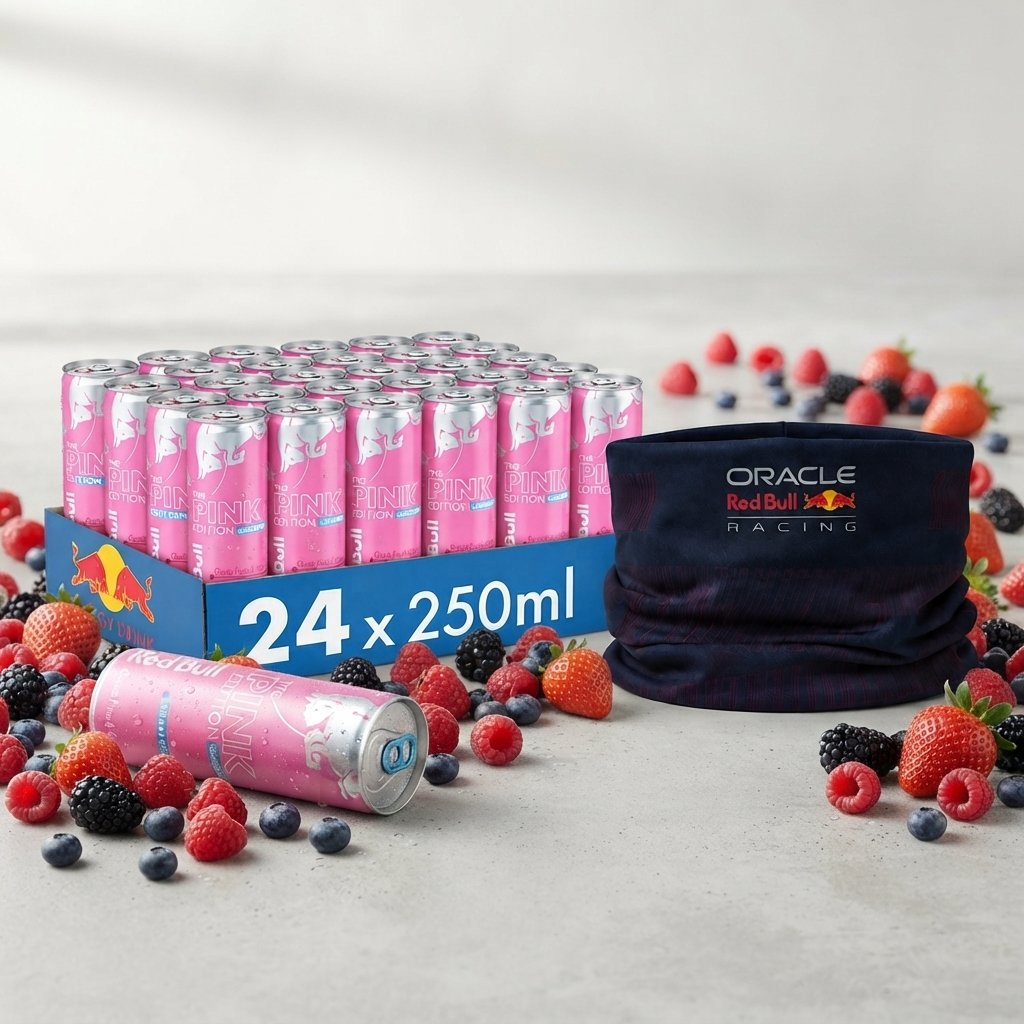 Confezione di lattine rosa Red Bull Pink Edition con frutti di bosco e uno scaldacollo Oracle Red Bull Racing.