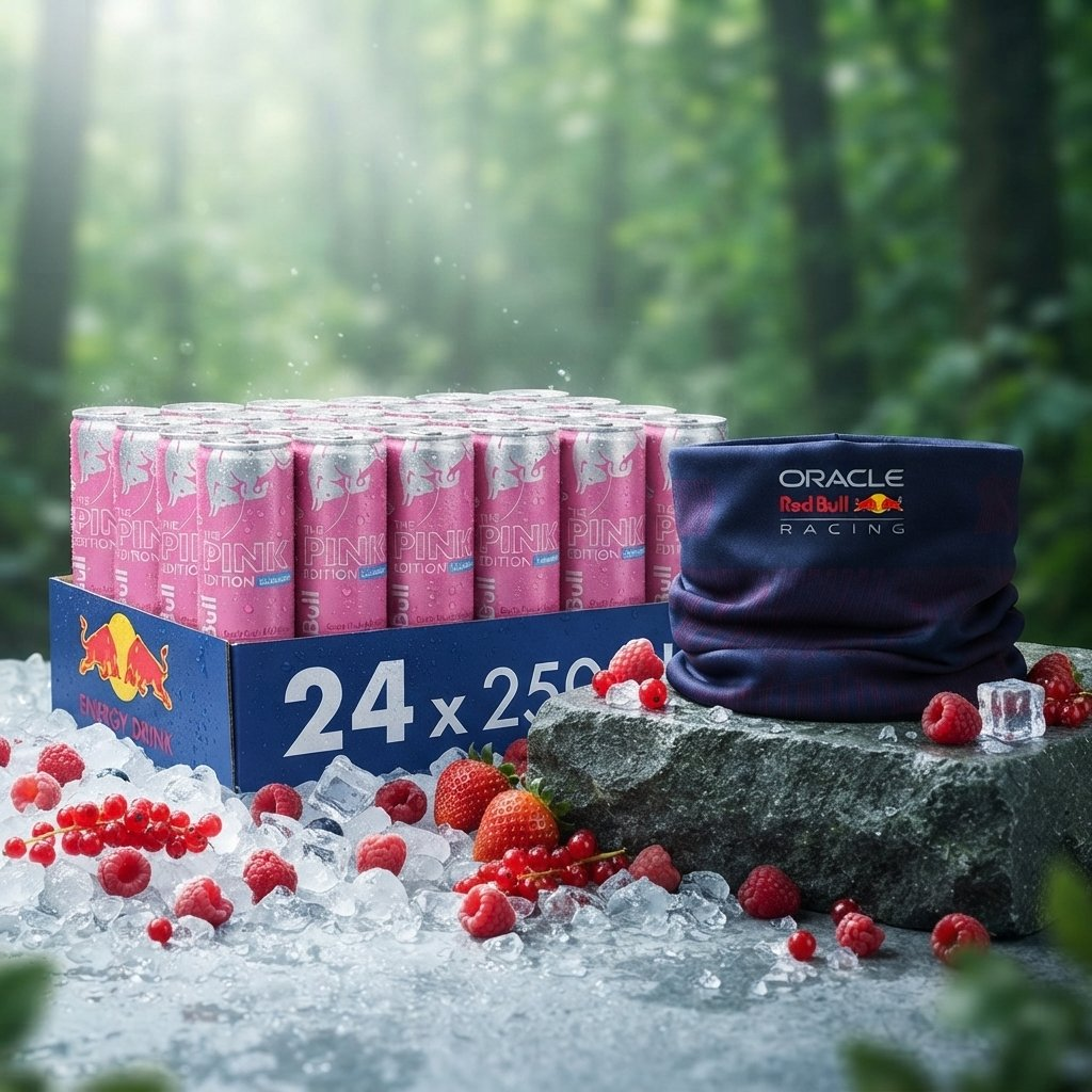 Una confezione di lattine Red Bull Pink Edition, fragole e ghiaccio su una roccia, con uno scaldacollo Red Bull Racing.