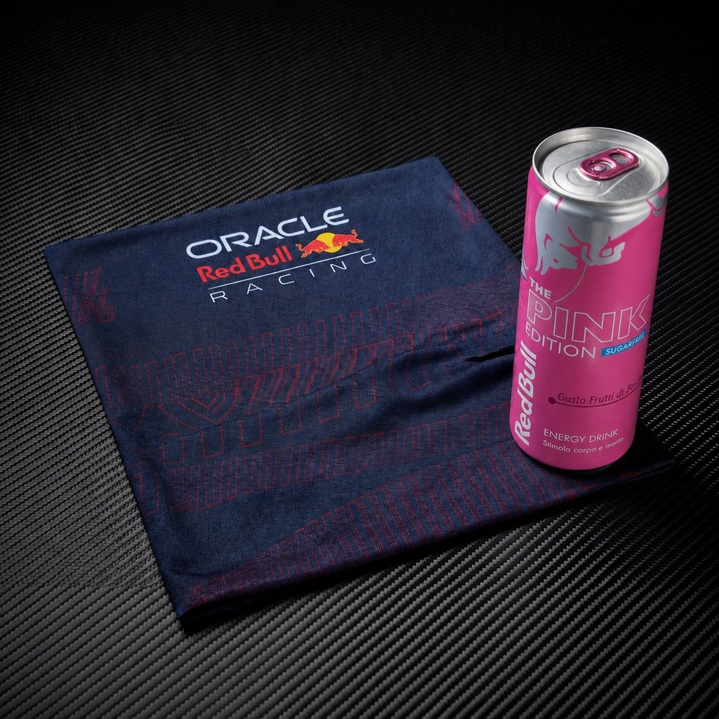 Una lattina rosa di Red Bull accanto a un panno blu scuro Red Bull Racing su una superficie in carbonio nero.
