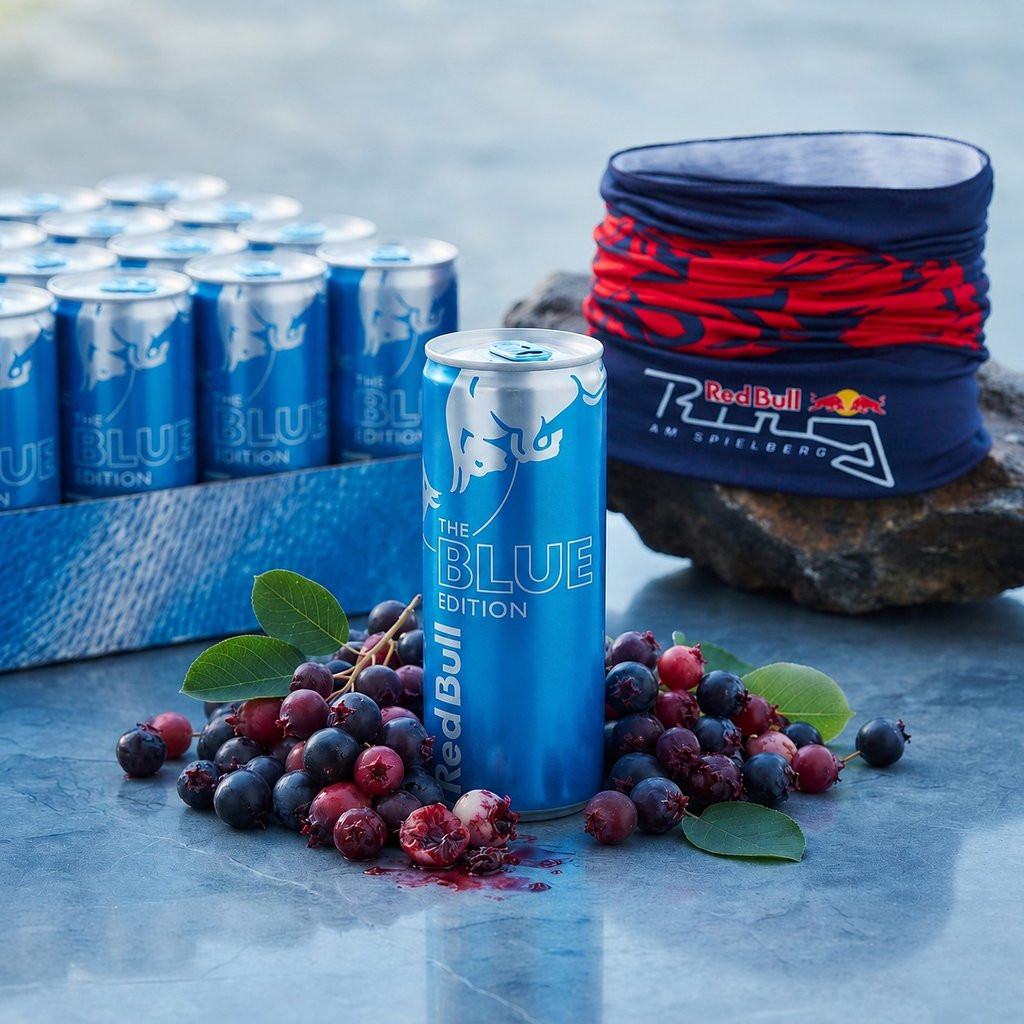 Una lattina di Red Bull Blue Edition tra mirtilli sparsi, con una confezione e uno scaldacollo sullo sfondo.