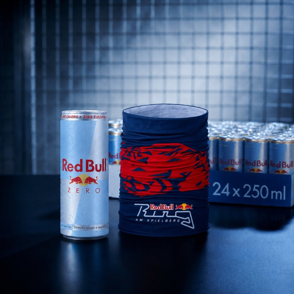 Una lattina di Red Bull Zero accanto a uno scaldacollo blu con motivo rosso davanti a una cassa da 24 lattine.