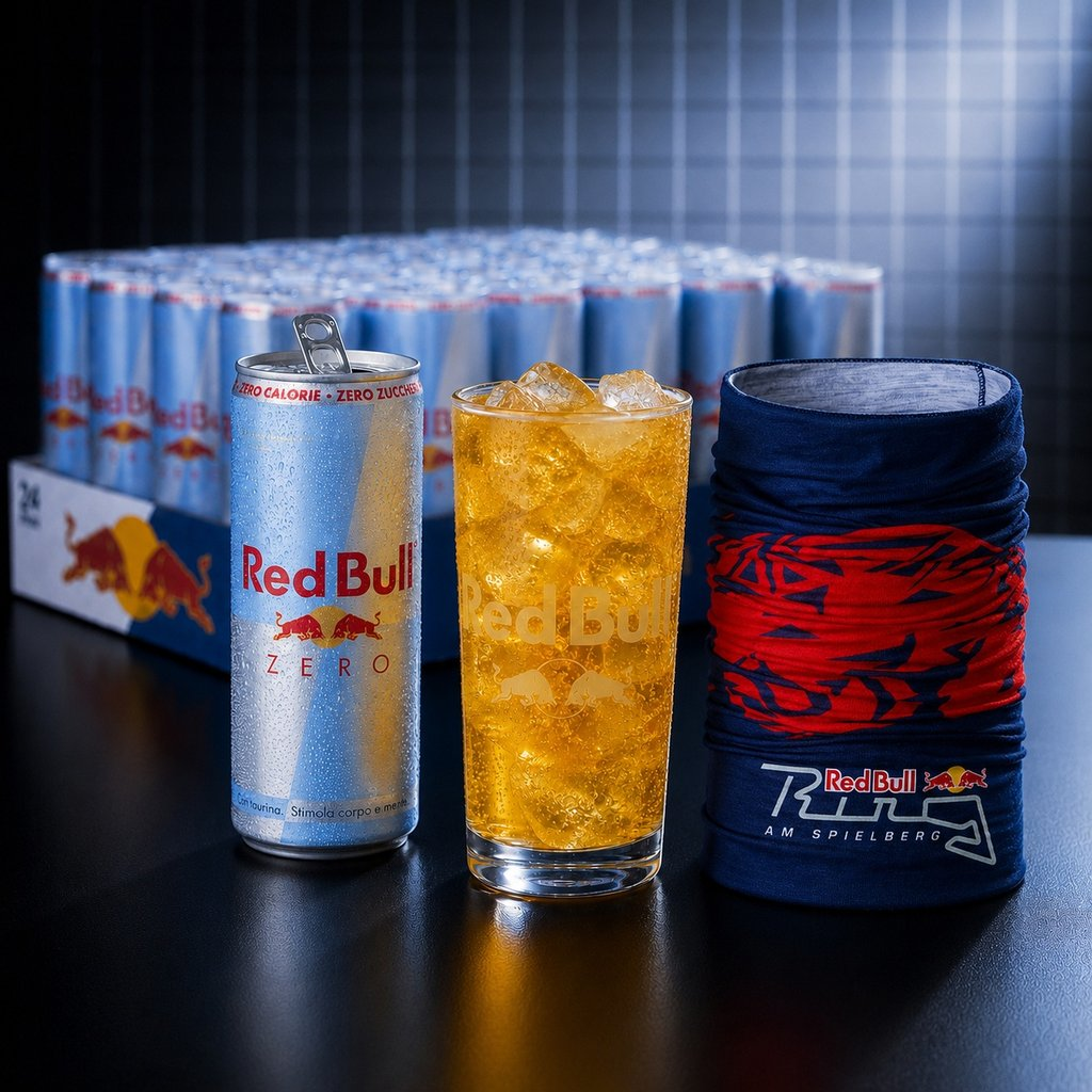 Una lattina di Red Bull Zero, un bicchiere di bevanda ghiacciata e uno scaldacollo blu davanti a un pallet.