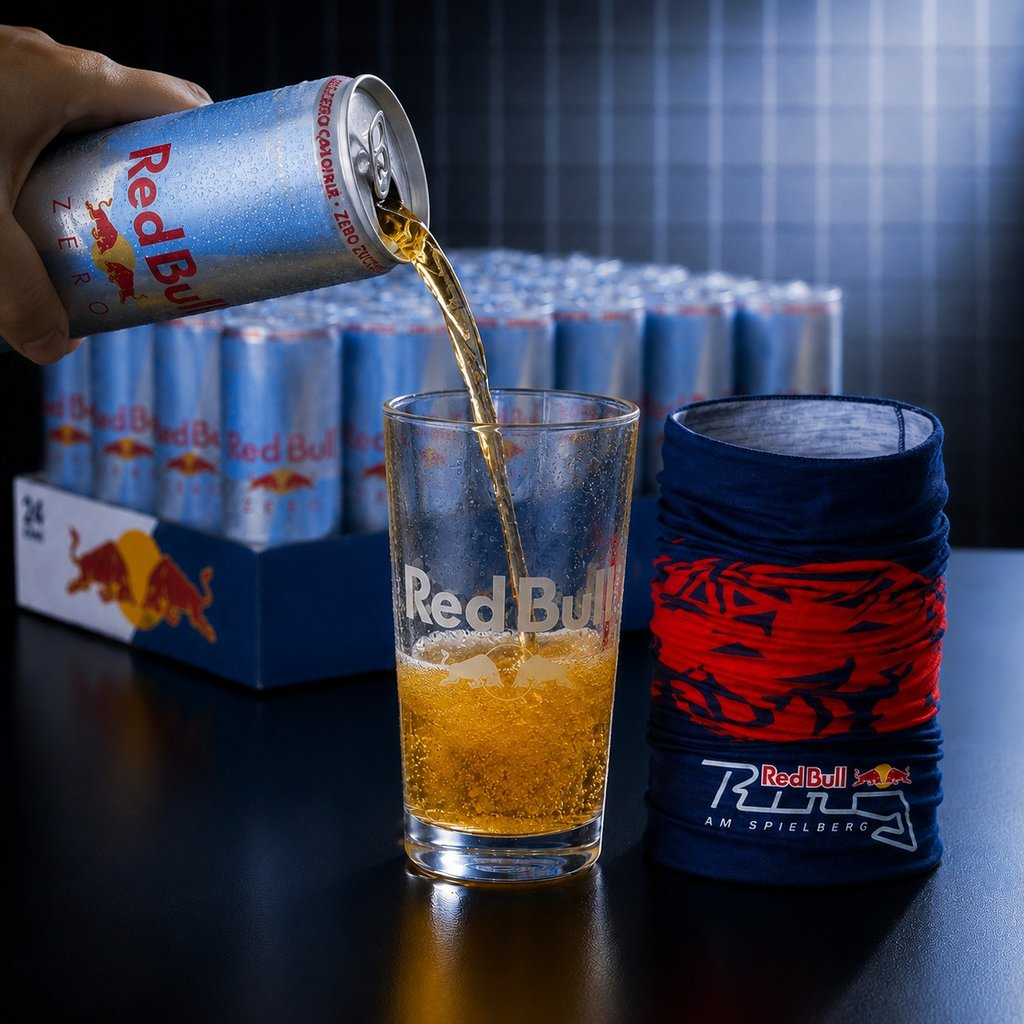 Lattina di Red Bull Zero versa bibita in un bicchiere, con scaldacollo e confezione sullo sfondo.