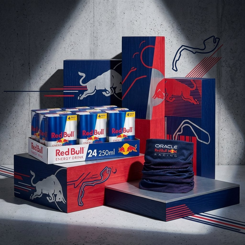 Confezione da 24 Red Bull su blocchi rossi e blu con uno scaldacollo.